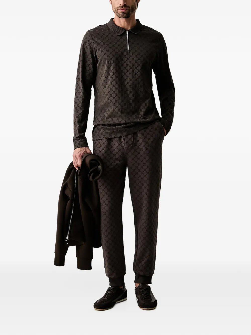 Joop! Poloshirt met monogram-patroon en ritssluiting Bruin