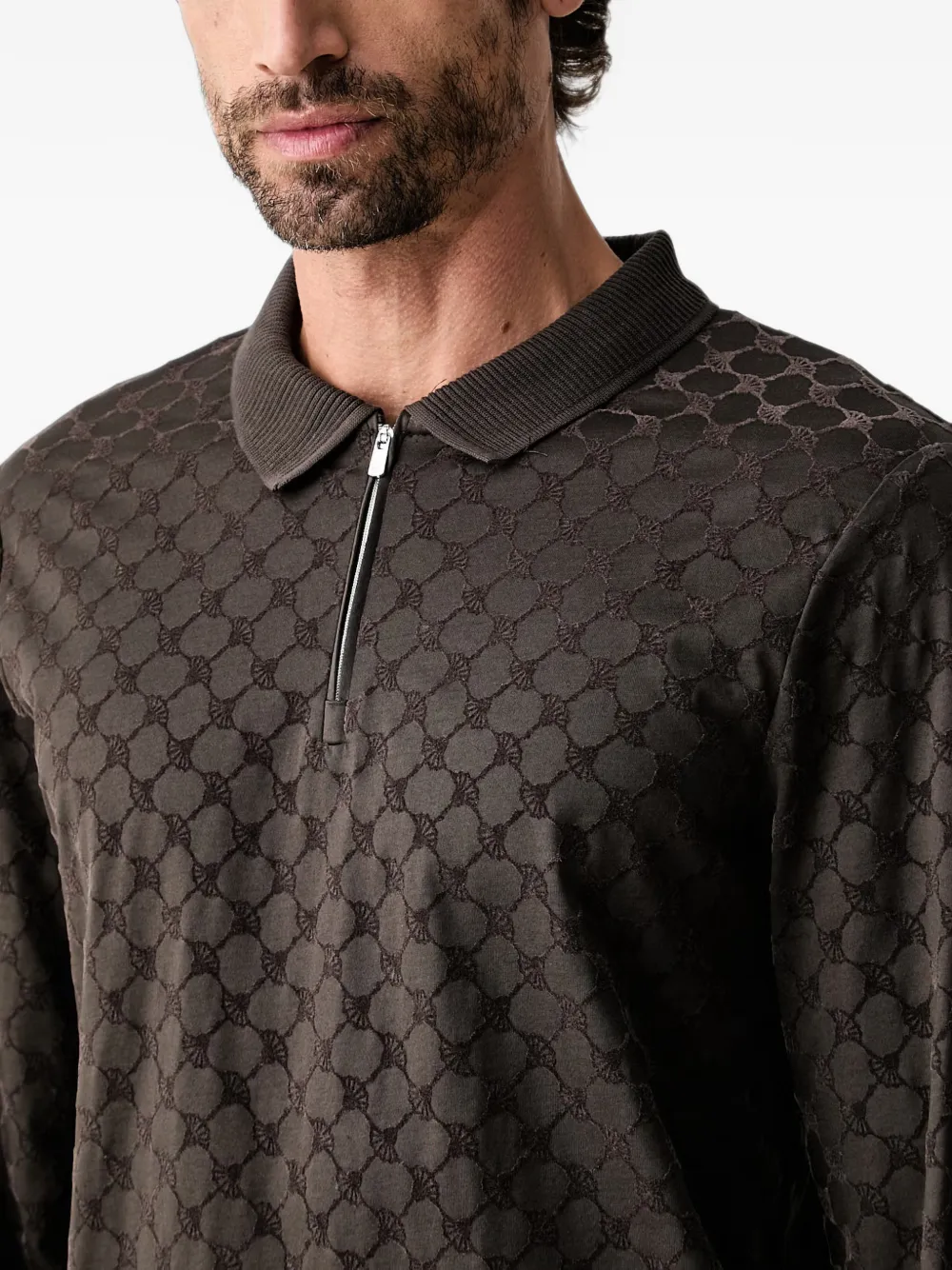 Joop! Poloshirt met monogram-patroon en ritssluiting Bruin