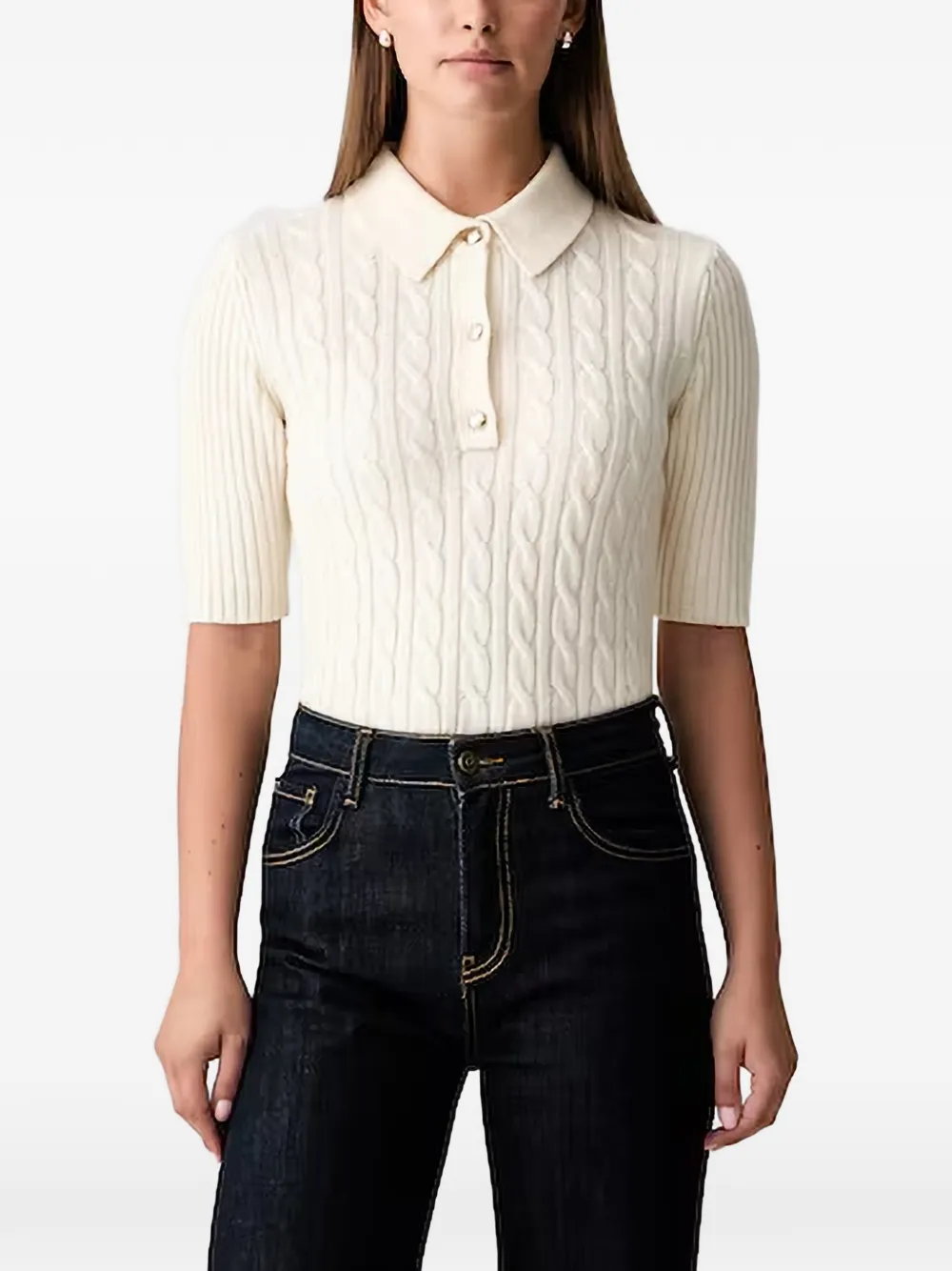 Joop Cable-knit Short-sleeve Polo Top In White