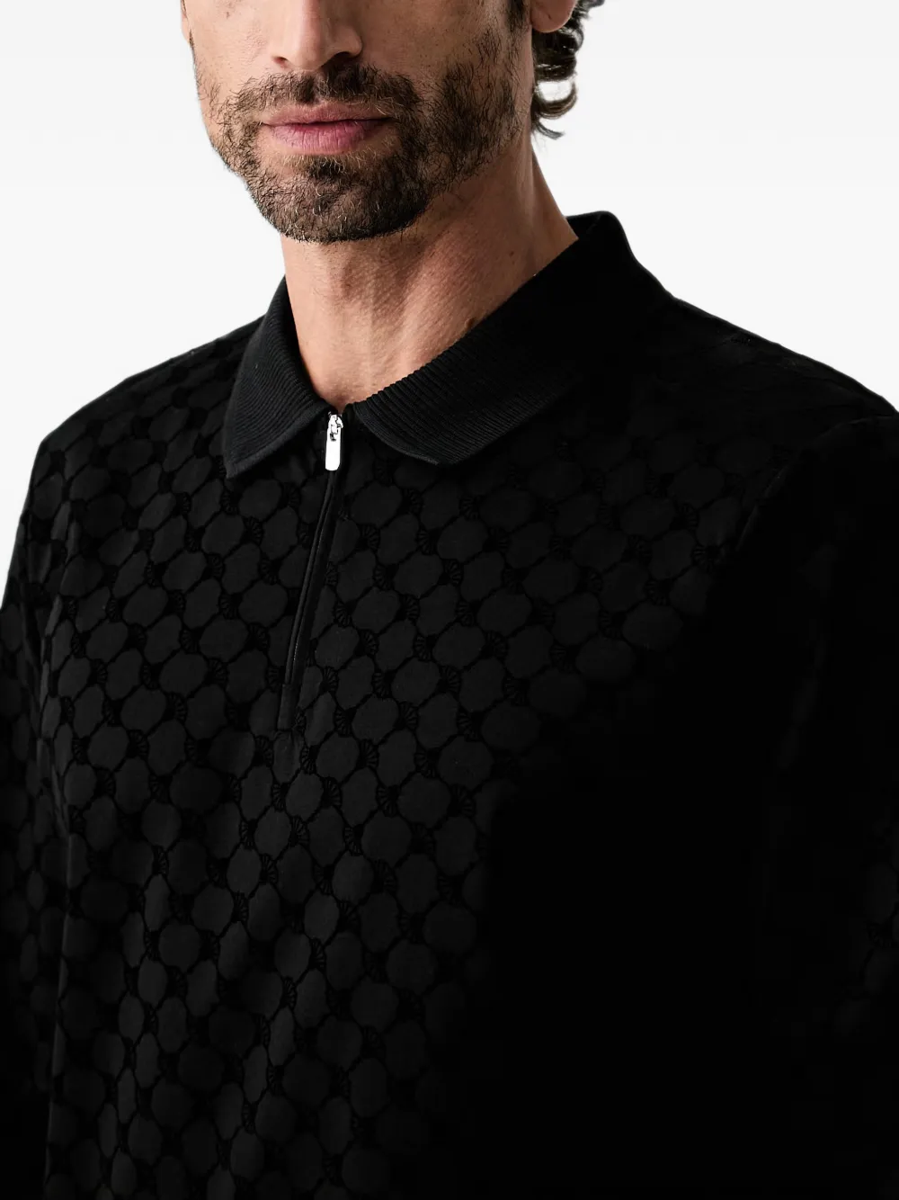 Joop! monogram-pattern long-sleeve polo shirt Zwart