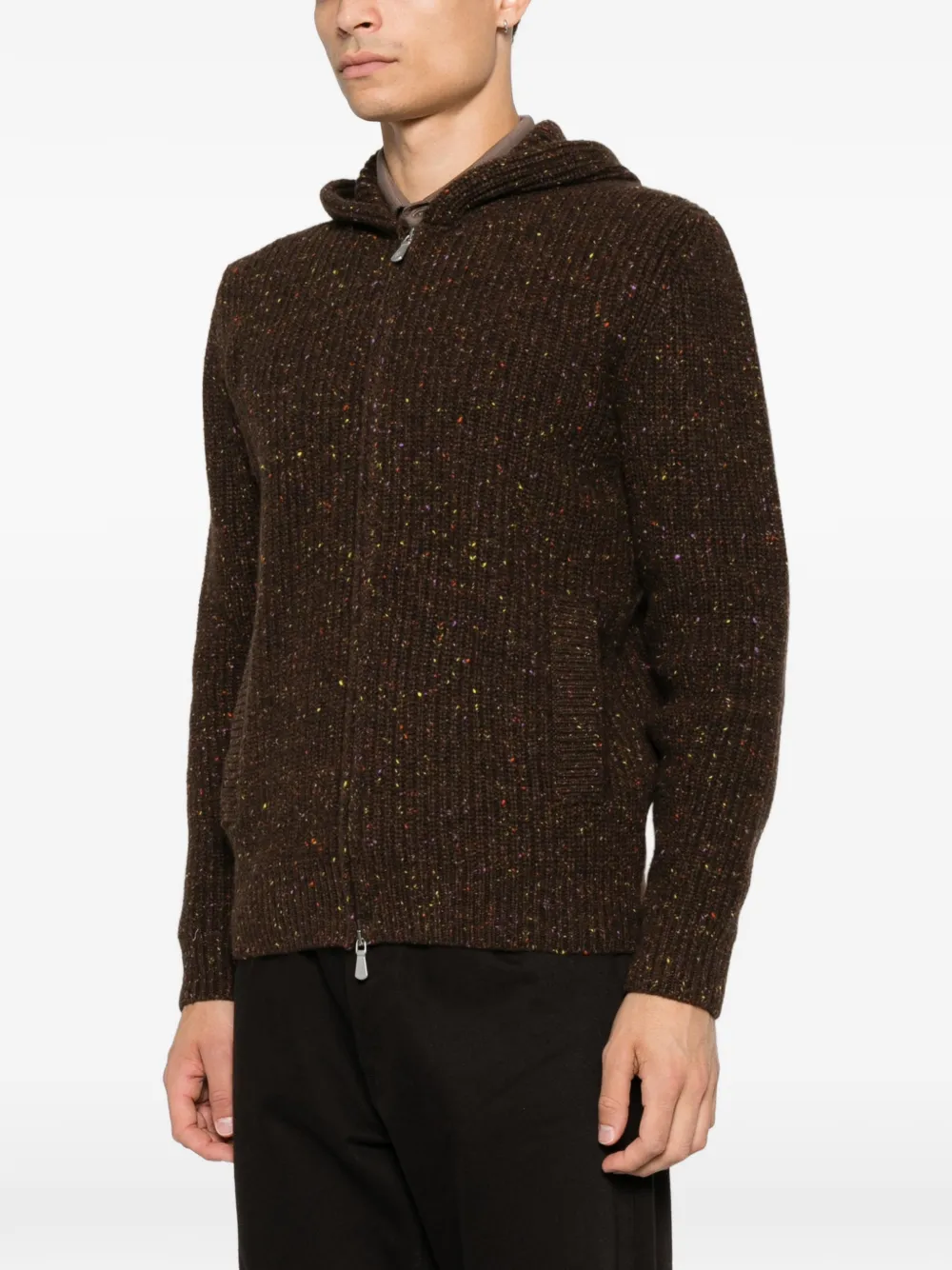 Eleventy Ribgebreide hoodie Bruin