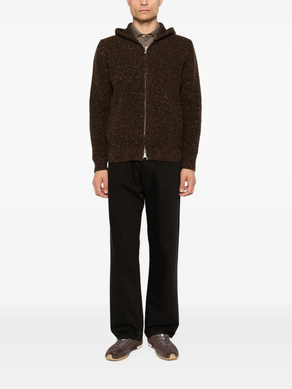 Eleventy Ribgebreide hoodie Bruin