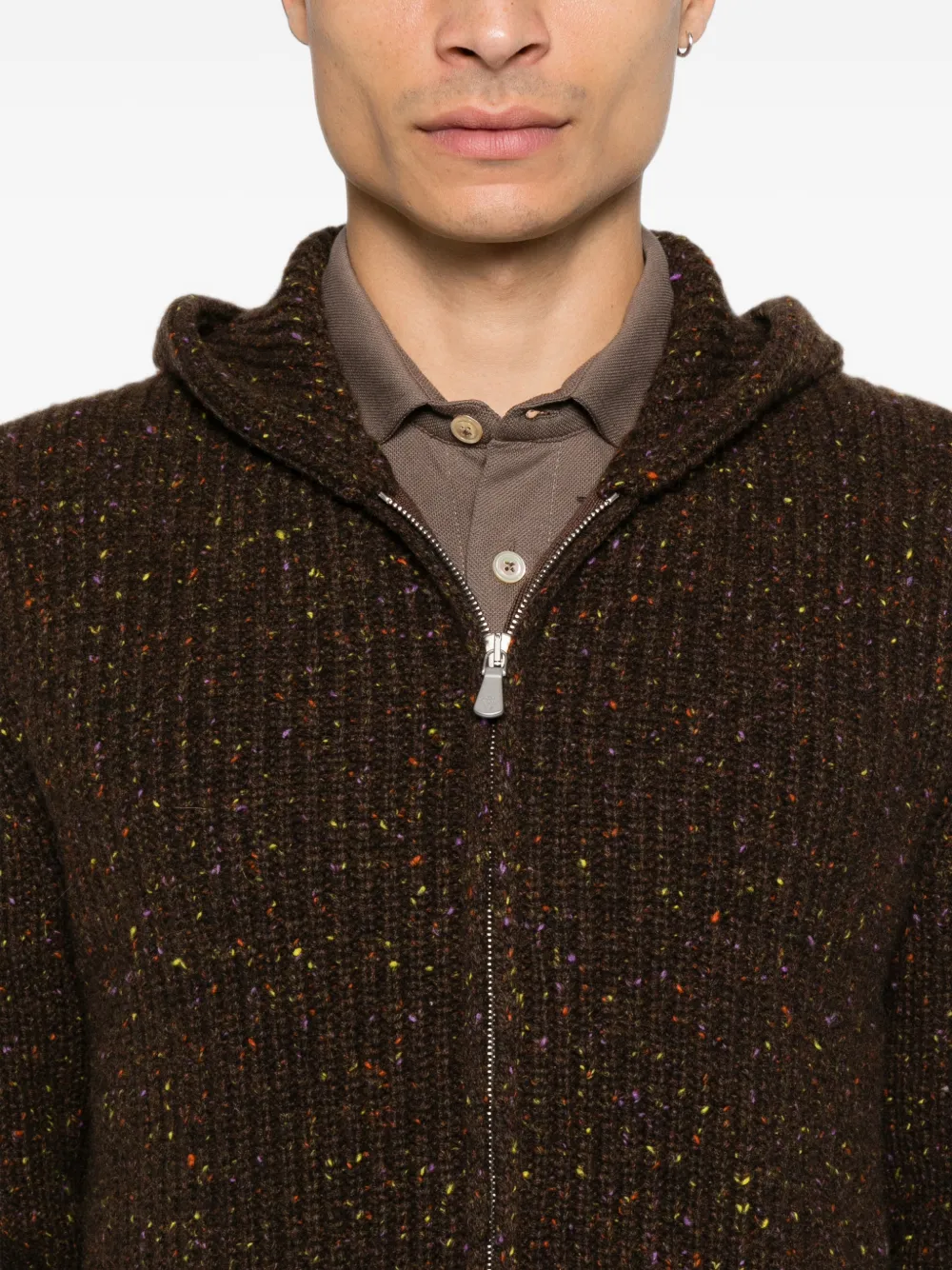 Eleventy Ribgebreide hoodie Bruin