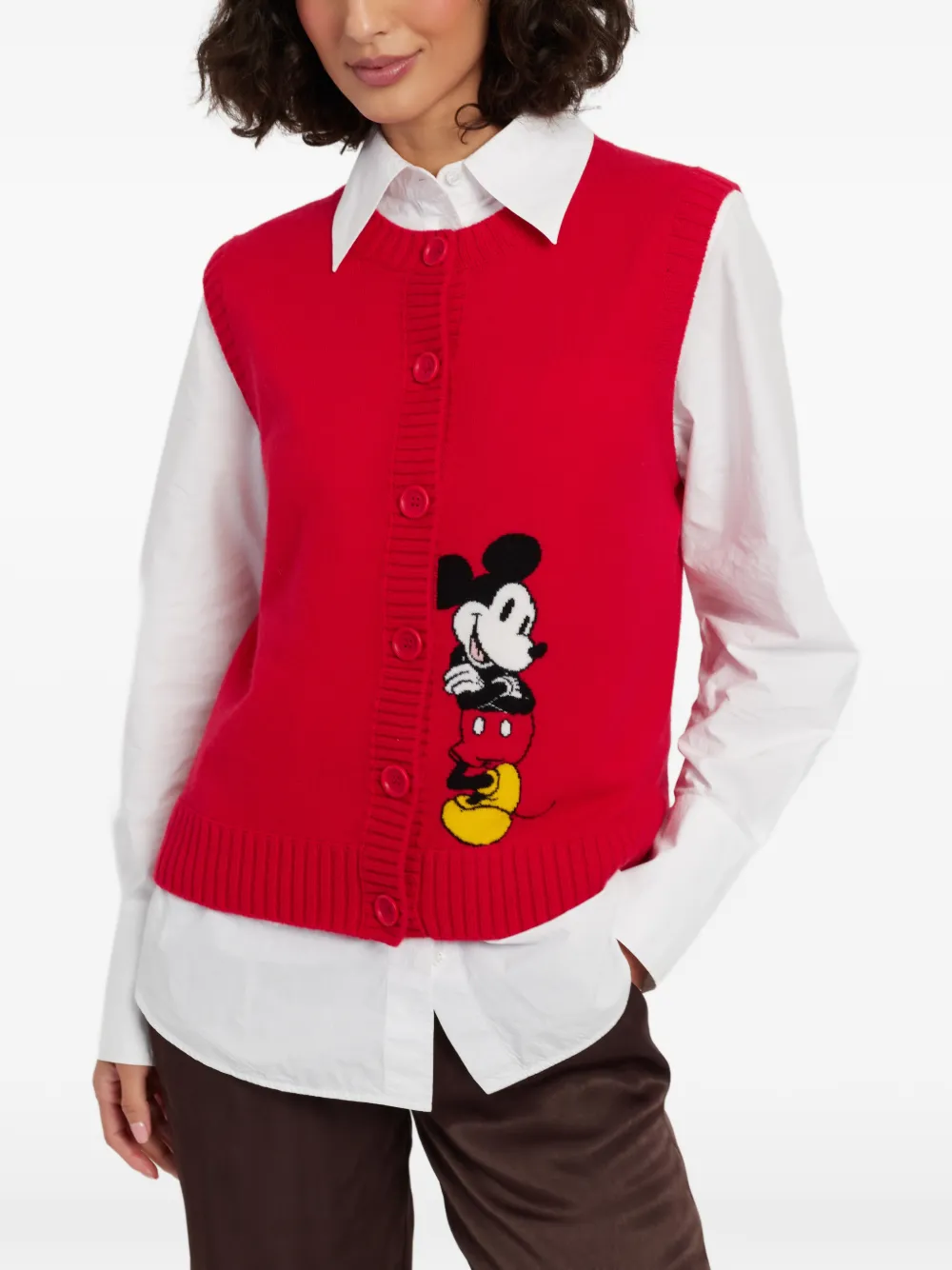 Chinti & Parker Mickey Mouse intarsia-knit sleeveless cardigan Rood