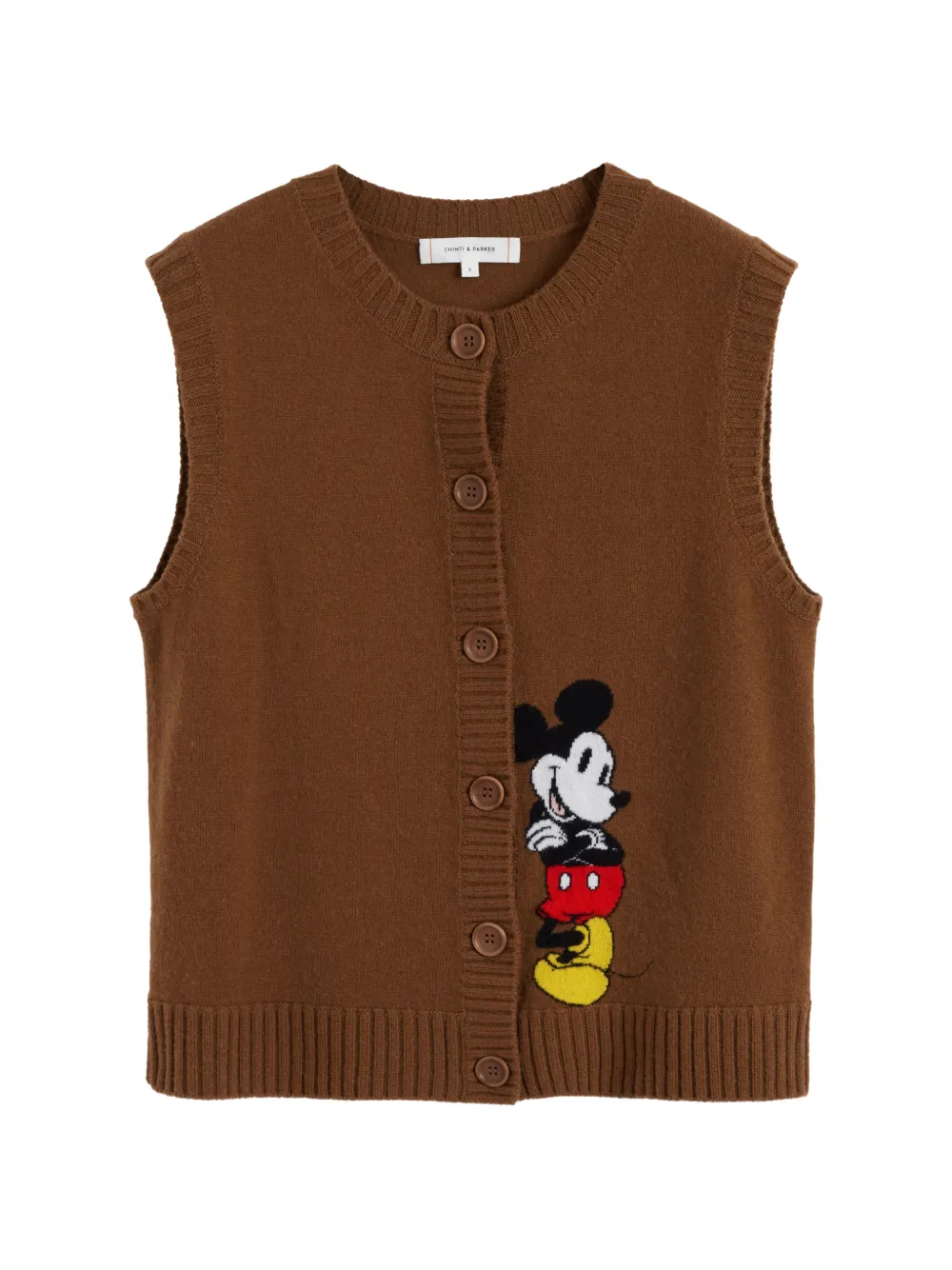 Chinti & Parker Mickey's intarsia gebreid mouwloos vest Bruin