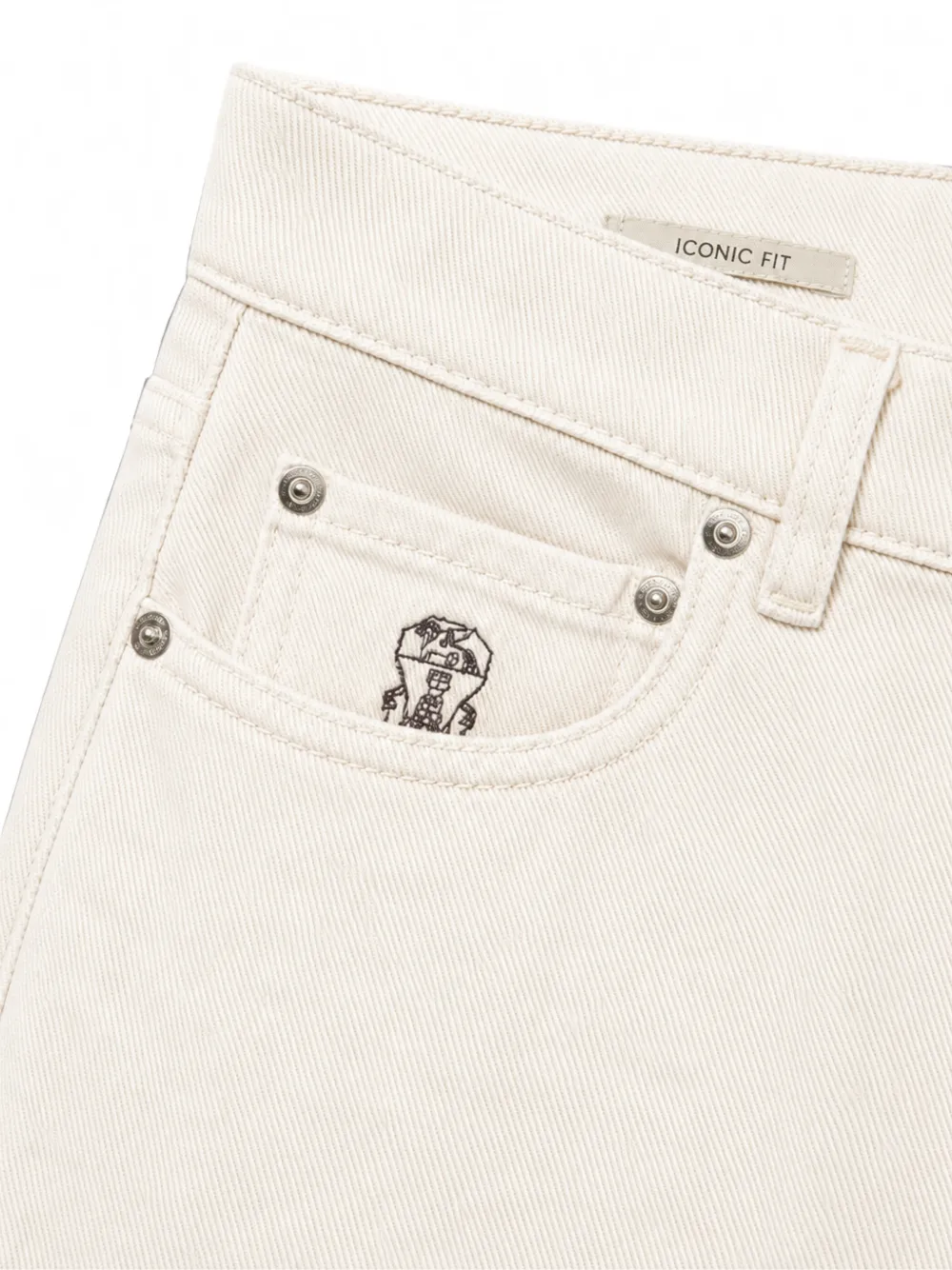 Brunello Cucinelli garment-dyed denim iconic fit five-pocket trousers Wit