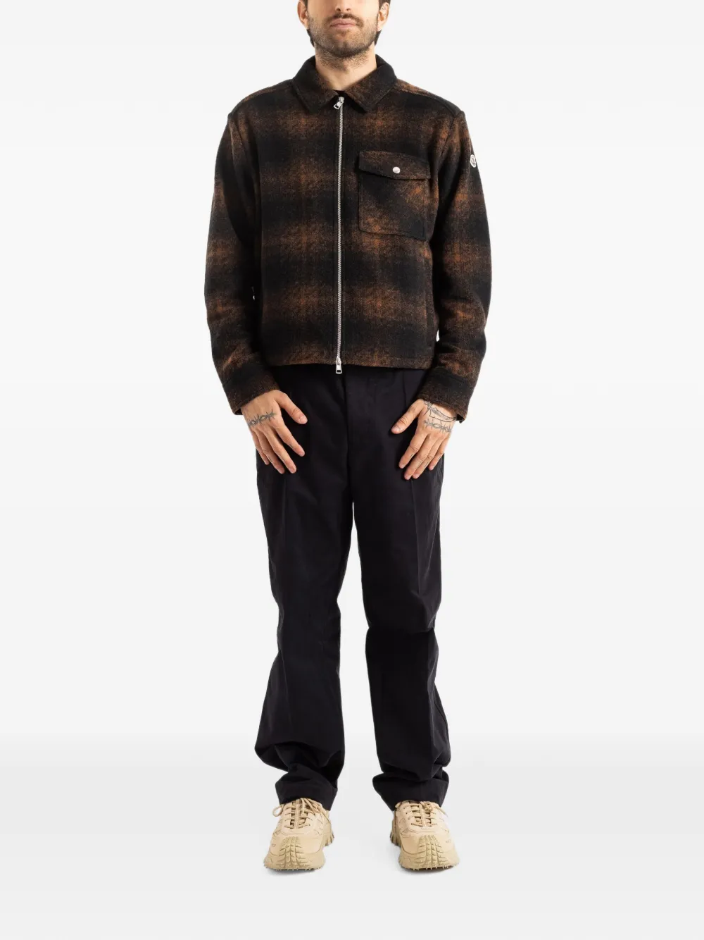 Moncler check jersey zip-up shirt jacket Zwart