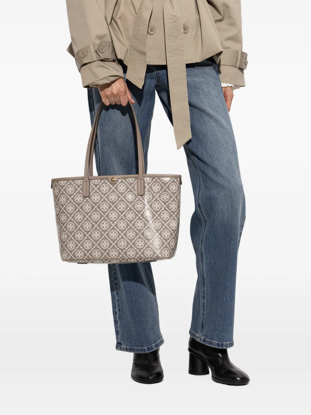 Tory Burch Kleine T Monogram shopper met rits en gecoate jacquard Grijs