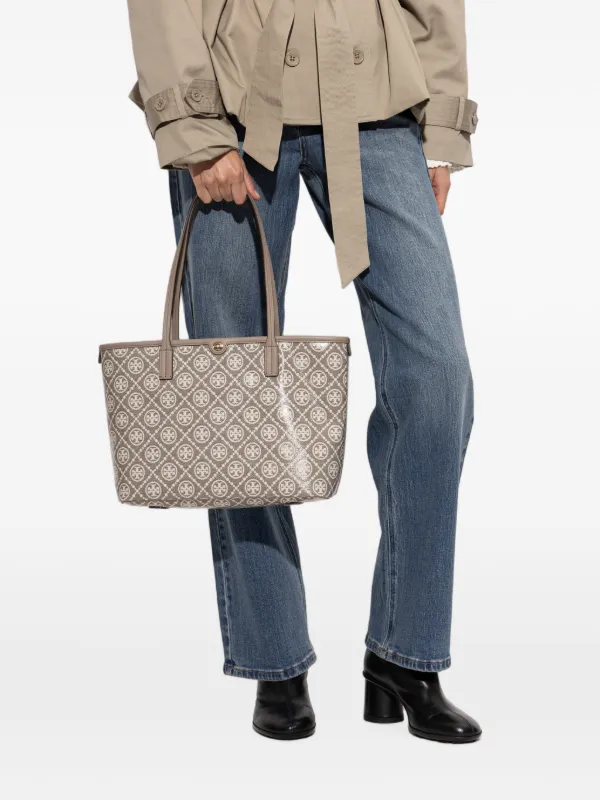 Tory Burch T Monogram Coated Jacquard Small Zip Tote | Grey