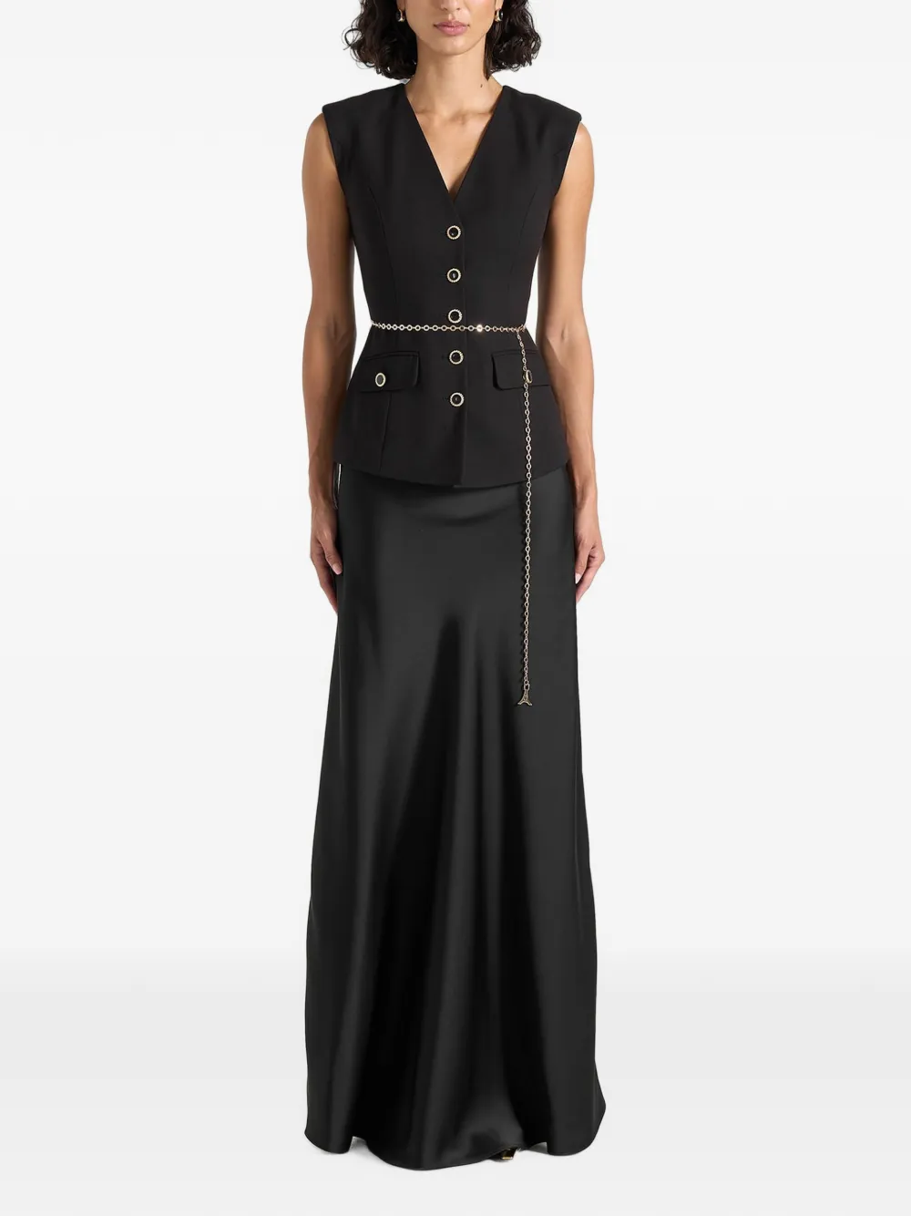 Manière De Voir Nahla in black chain-belt waistcoat-satin maxi dress - Nero