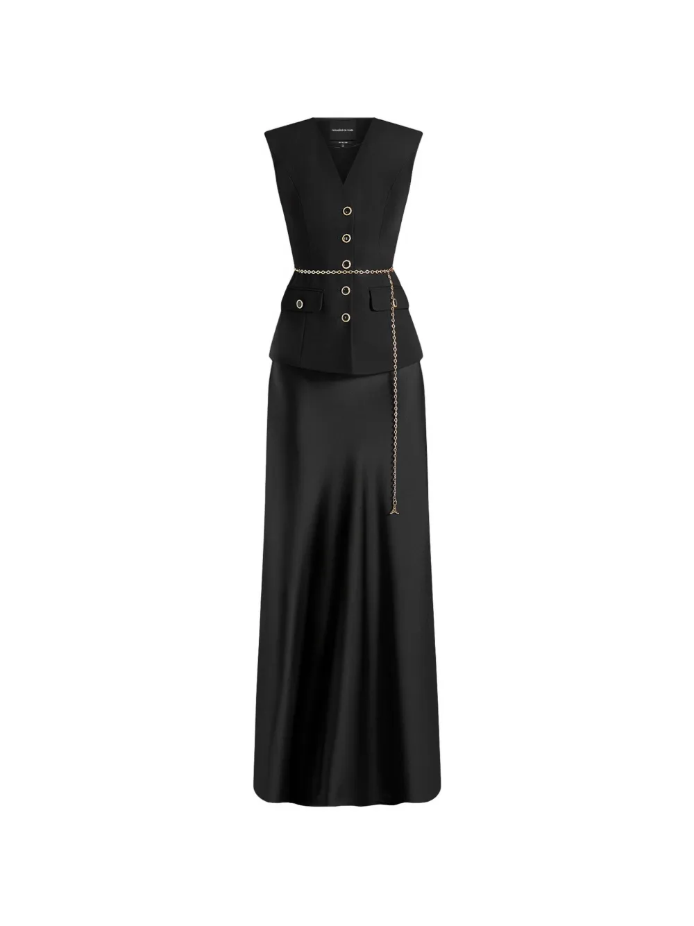 Manière De Voir Nahla in black chain-belt waistcoat-satin maxi dress - Nero