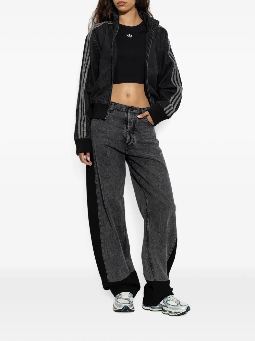 adidas Firebird denim jack met zijstreep Zwart