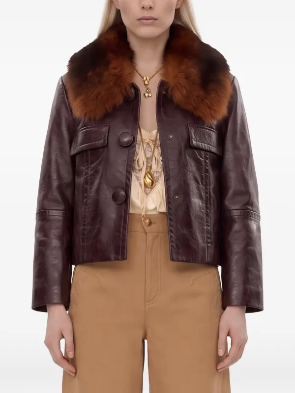 Chloé Fur-collar Glossy Leather Jacket in Purple