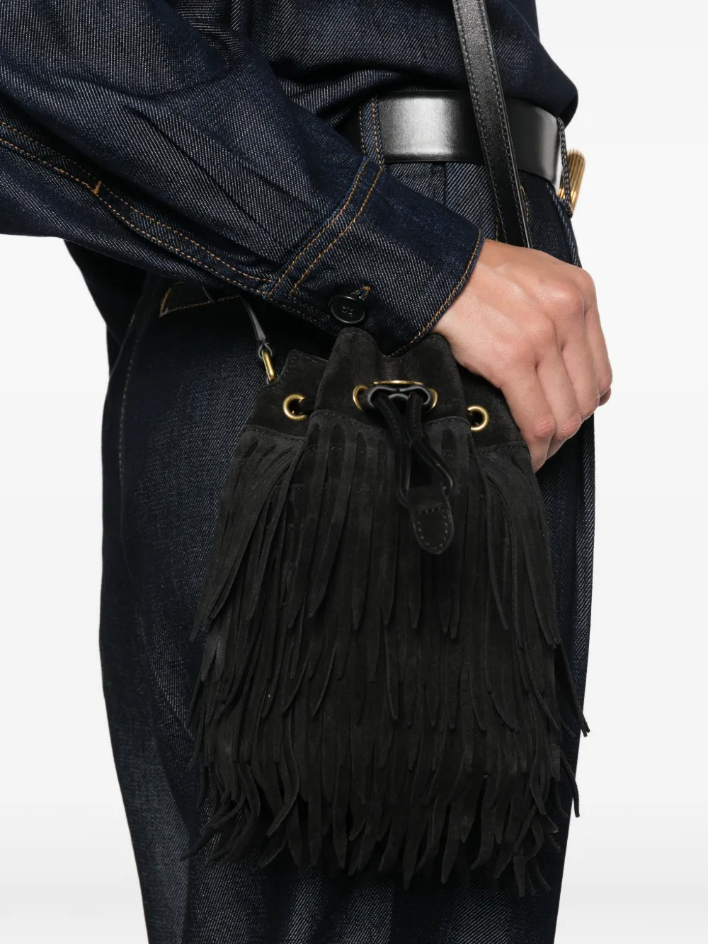 Mulberry Bucket-tas met trekkoord en franje Zwart