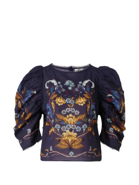 FARM Rio Golden Nature floral-print puff-sleeve top