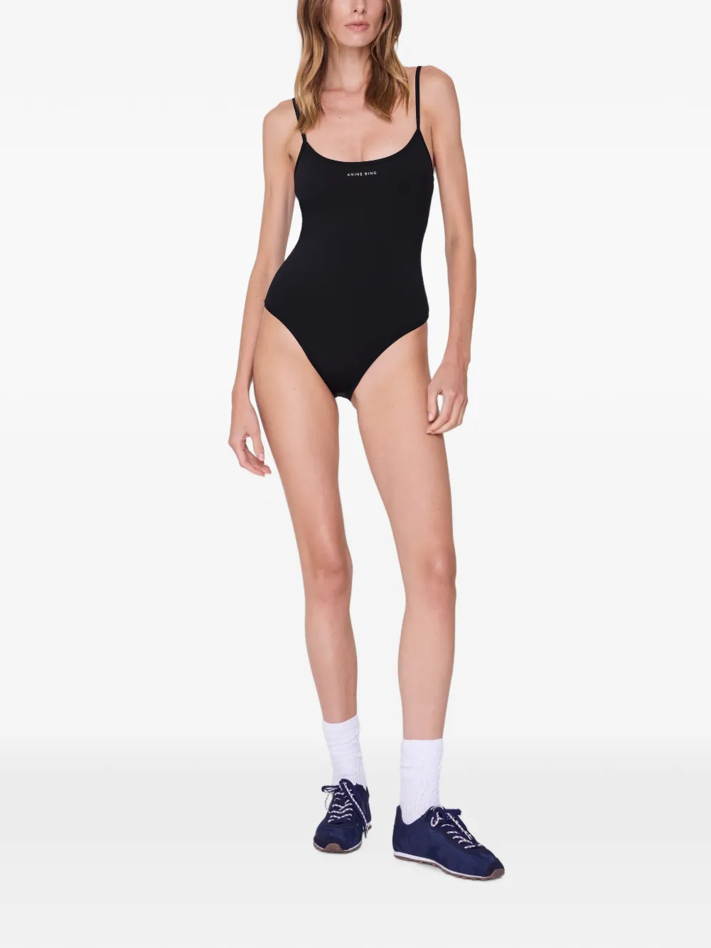 ANINE BING Barbara body met diepe ronde hals en logoprint Zwart
