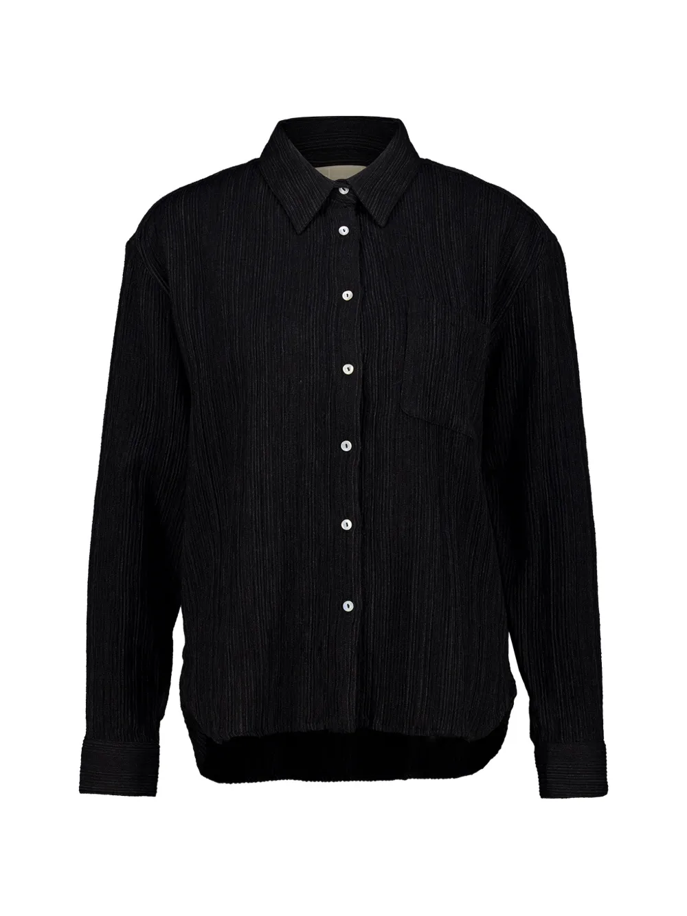 120% Lino Crinkled-finish Chest-pocket Shirt In Black
