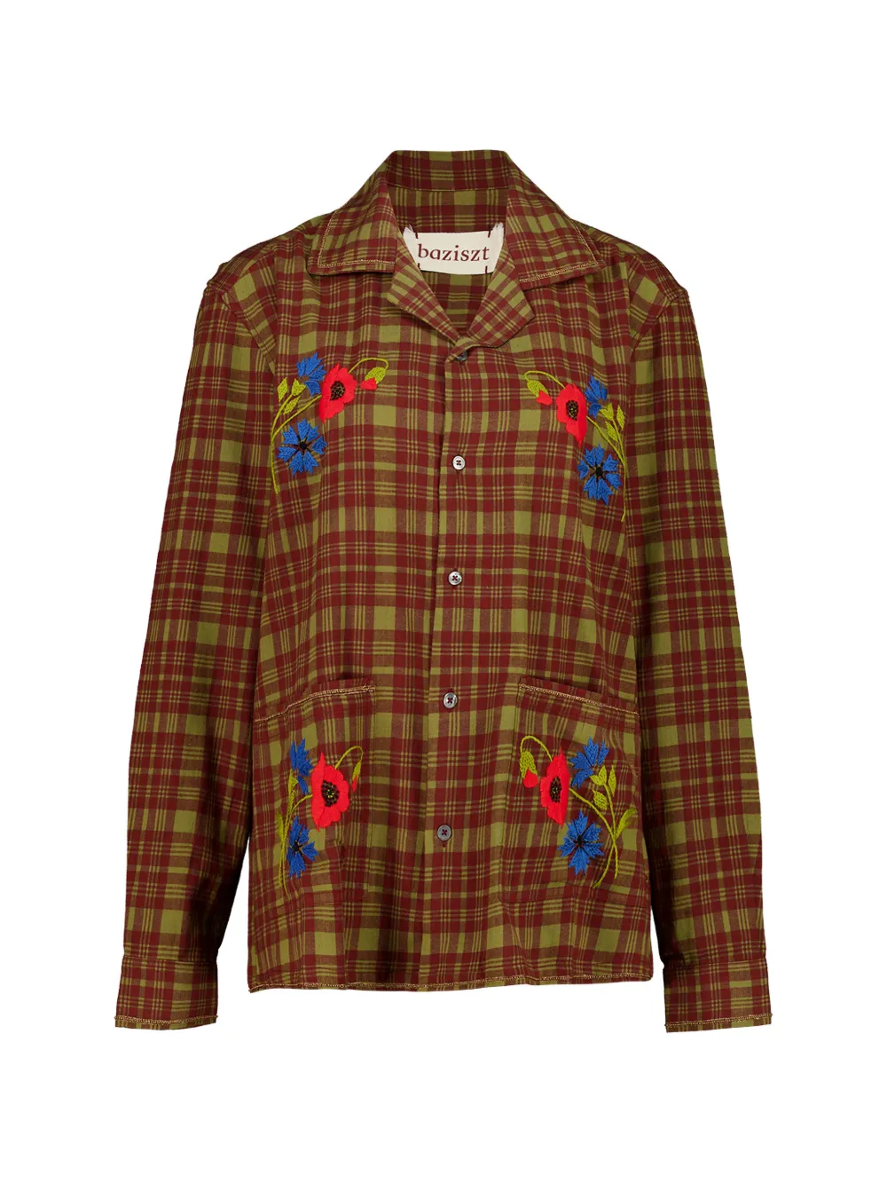 Baziszt Pilot check floral-embroidered shirt