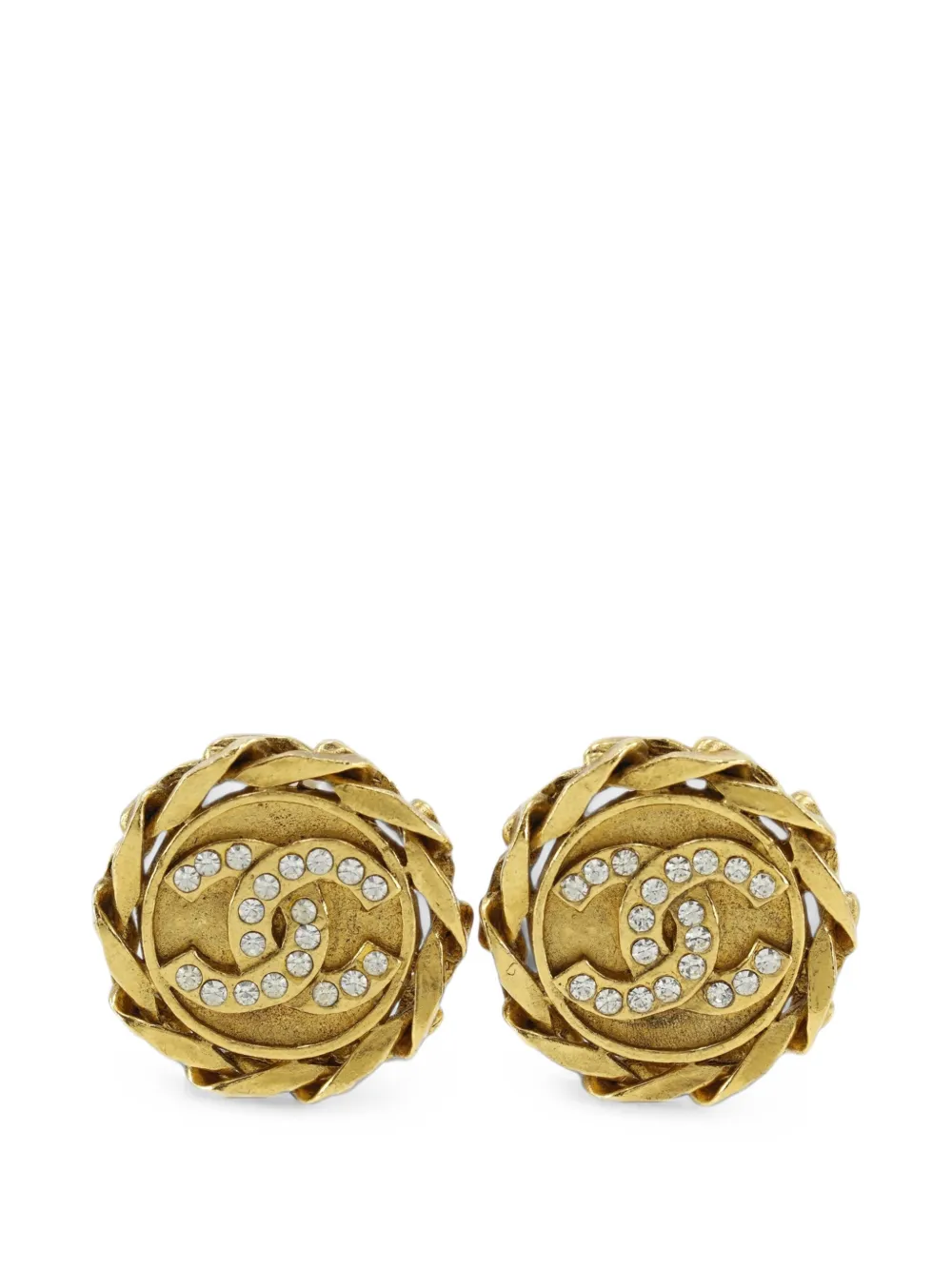 CHANEL Pre-Owned Orecchini tondi CC a clip placcati oro con strass 1980-1990
