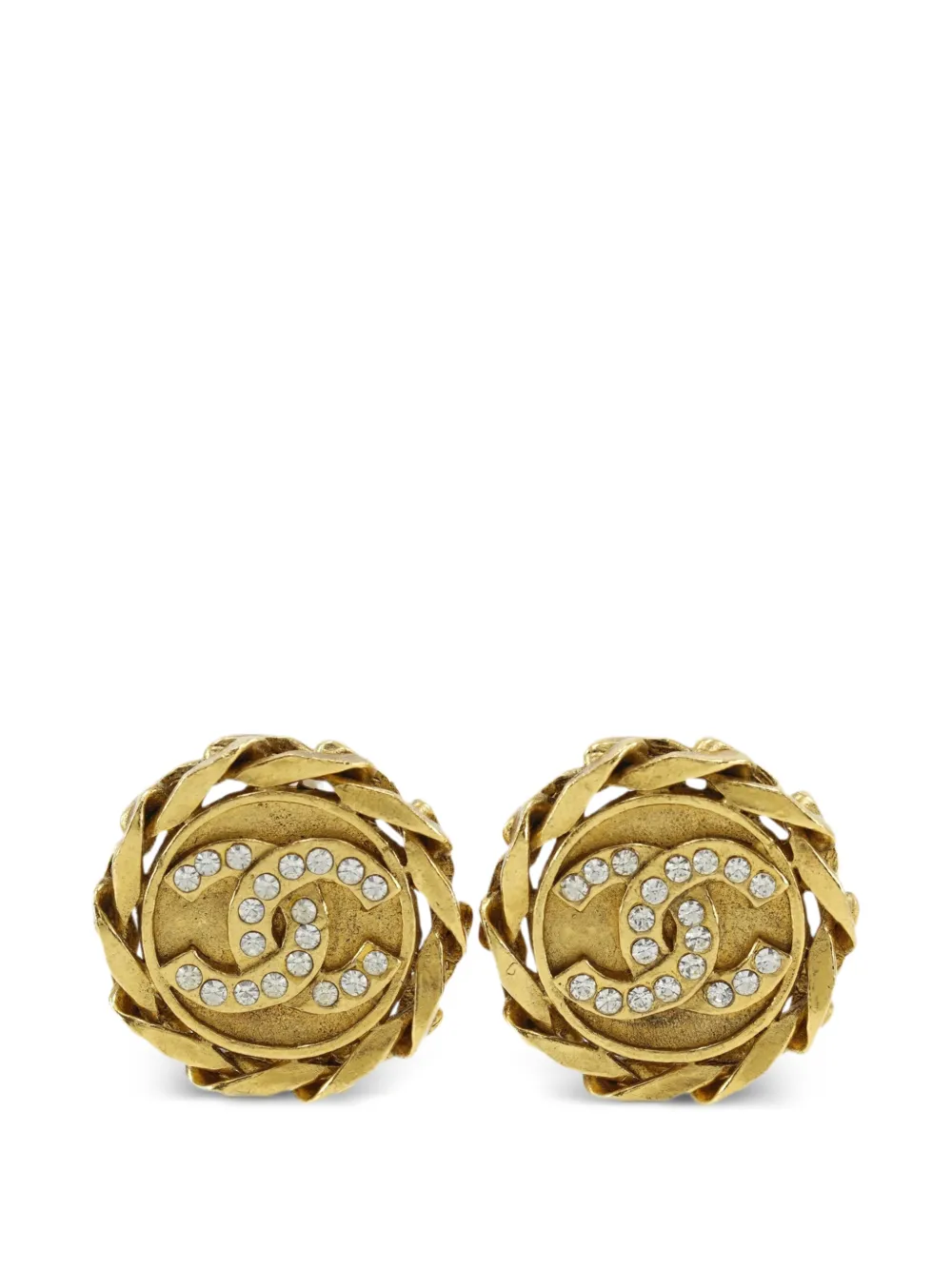 CHANEL Pre-Owned Orecchini tondi CC a clip placcati oro con strass 1980-1990