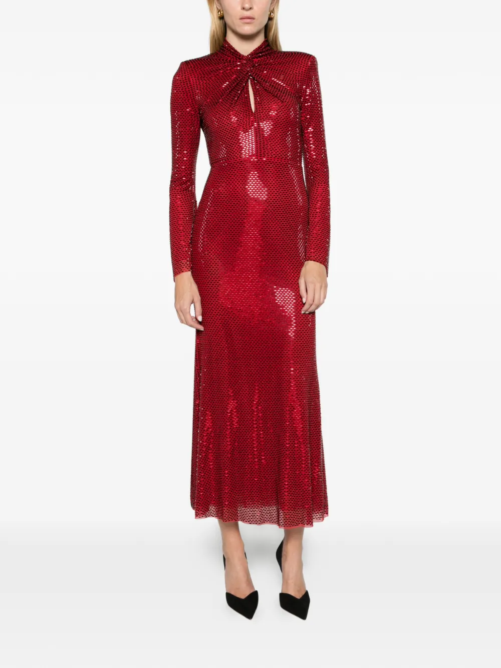 Self-Portrait red rhinestone mesh twist midi dress Rood