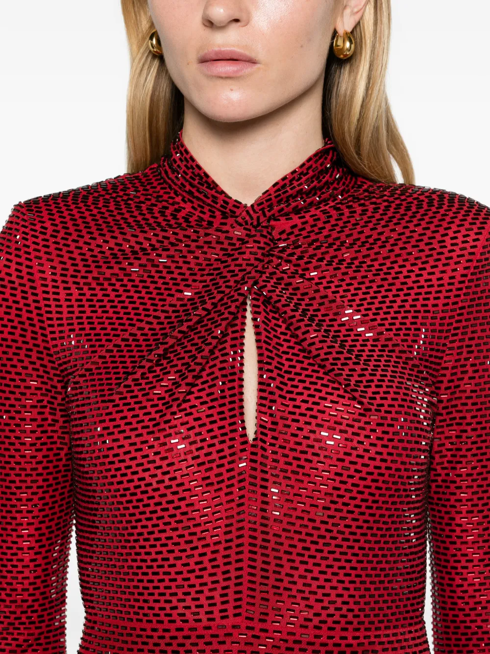Self-Portrait red rhinestone mesh twist midi dress Rood