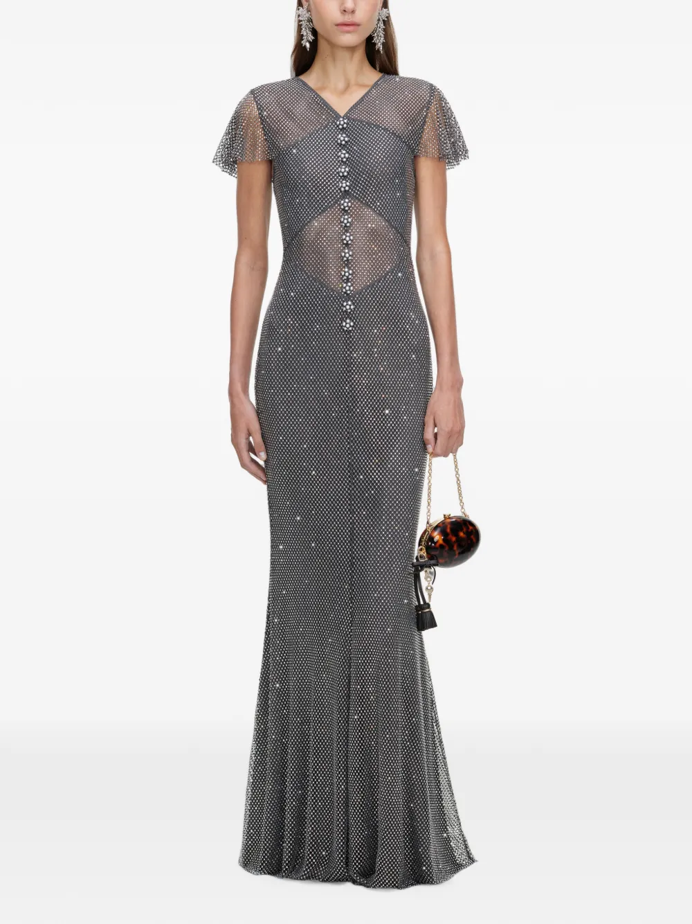 Self-Portrait rhinestone-embellished fishnet maxi dress - Grigio