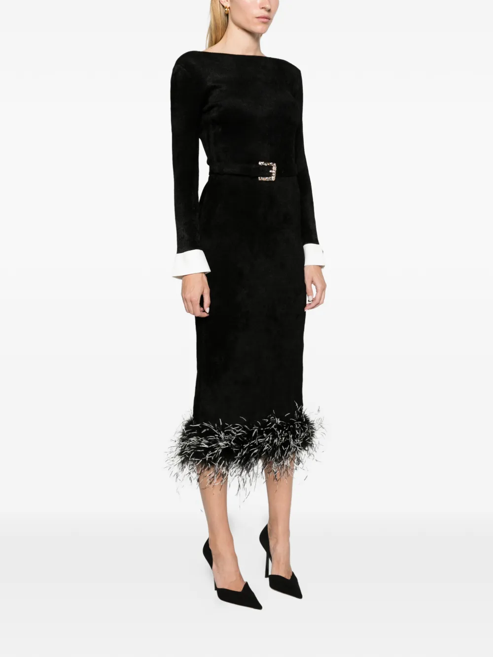 Self-Portrait black chenille knit feather midi dress Zwart