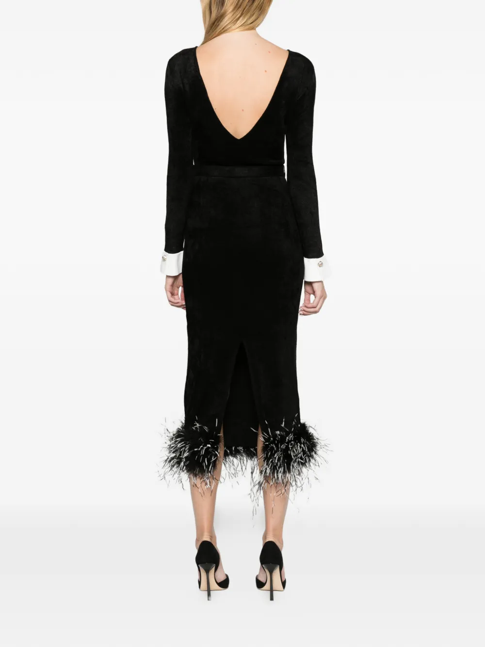 Self-Portrait black chenille knit feather midi dress Zwart