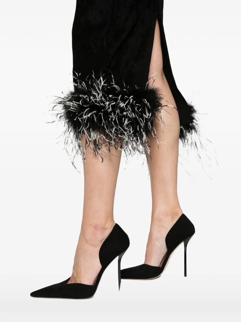 Self-Portrait black chenille knit feather midi dress Zwart