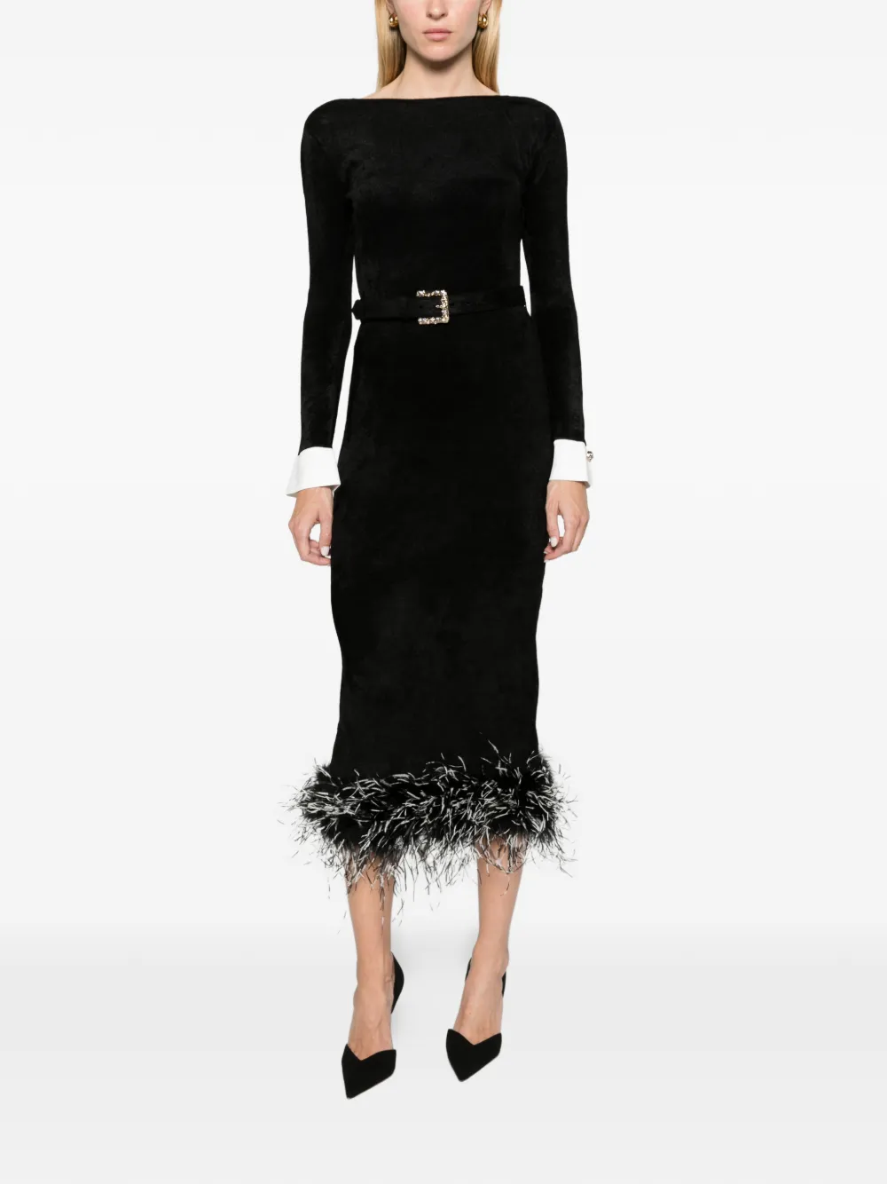 Self-Portrait black chenille knit feather midi dress Zwart