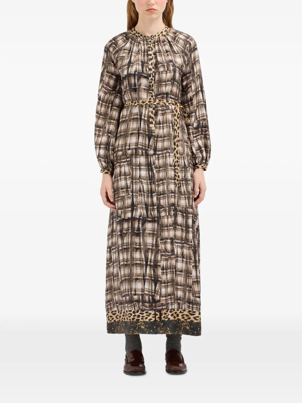 Pierre-Louis Mascia Aloe geruite maxi-blousejurk met luipaardprint Bruin