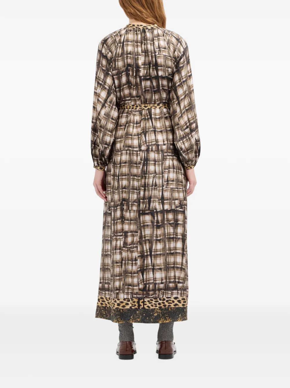 Pierre-Louis Mascia Aloe geruite maxi-blousejurk met luipaardprint Bruin