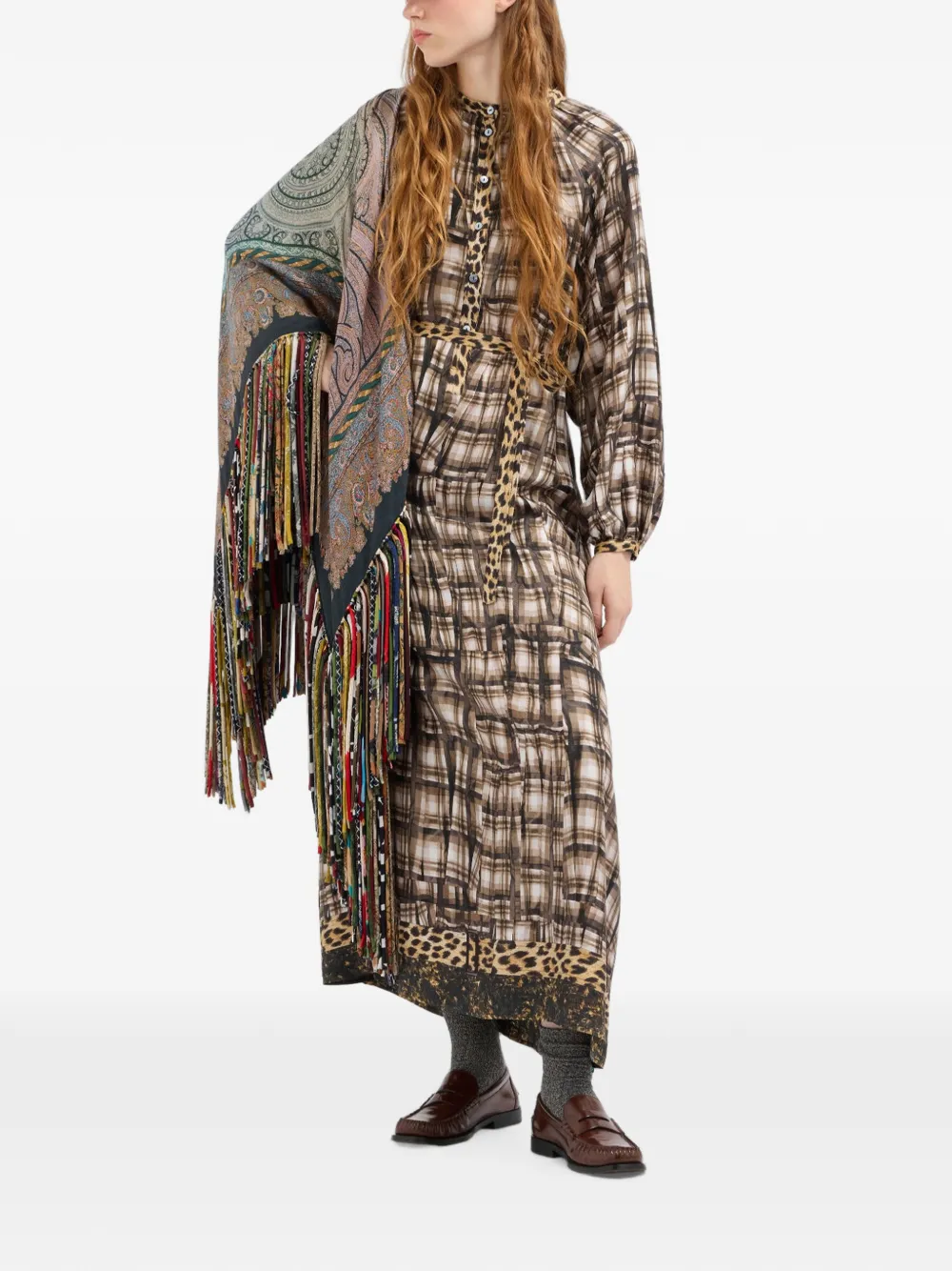 Pierre-Louis Mascia Aloe geruite maxi-blousejurk met luipaardprint Bruin