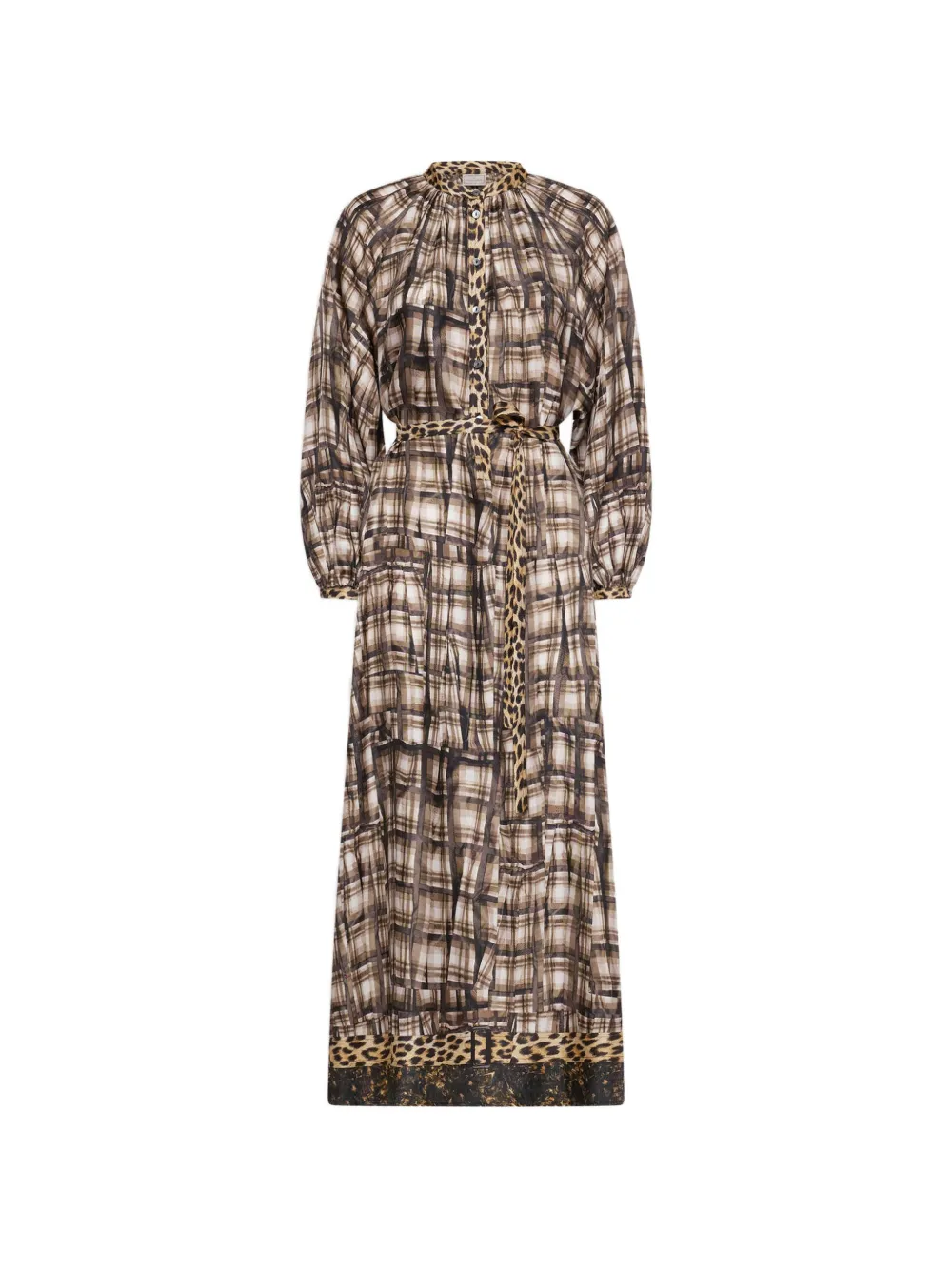 Pierre-Louis Mascia Aloe geruite maxi-blousejurk met luipaardprint Bruin