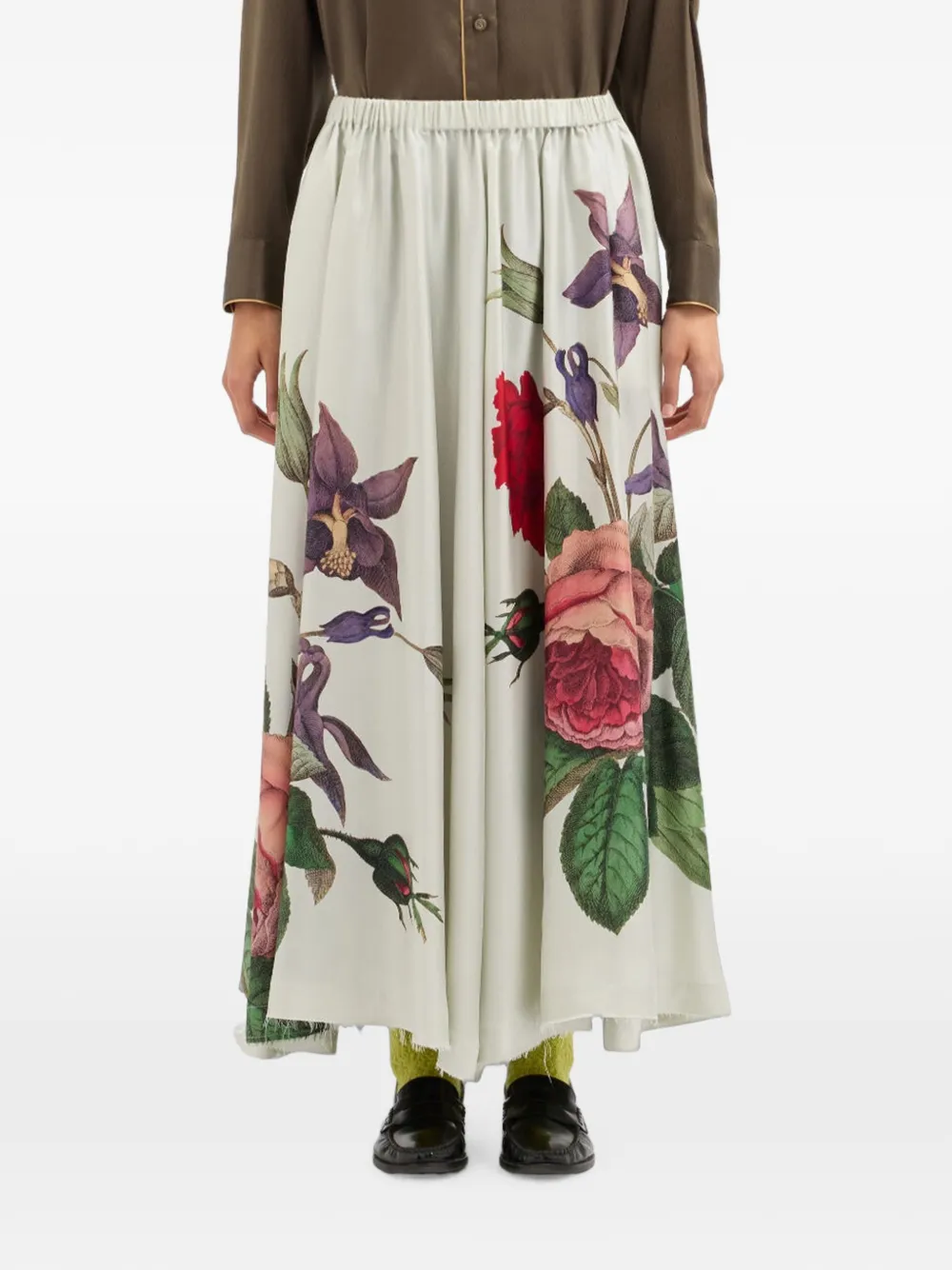 Pierre-Louis Mascia Aloe zijden maxi-rok met botanische print Beige