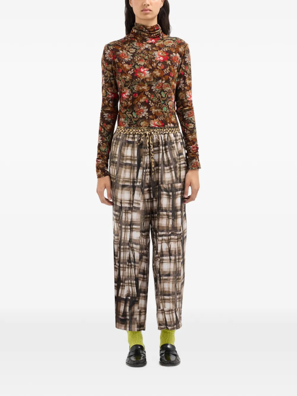 Pierre-Louis Mascia Aloe zijden broek met abstracte ruit Beige