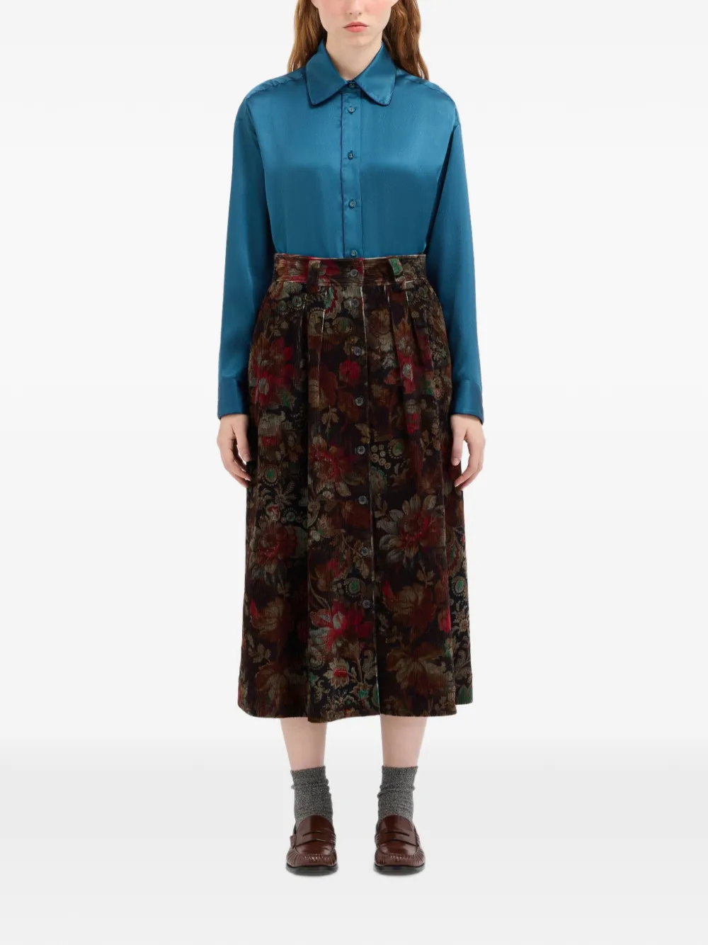 Pierre-Louis Mascia Ribfluwelen rok met bloemenprint Bruin