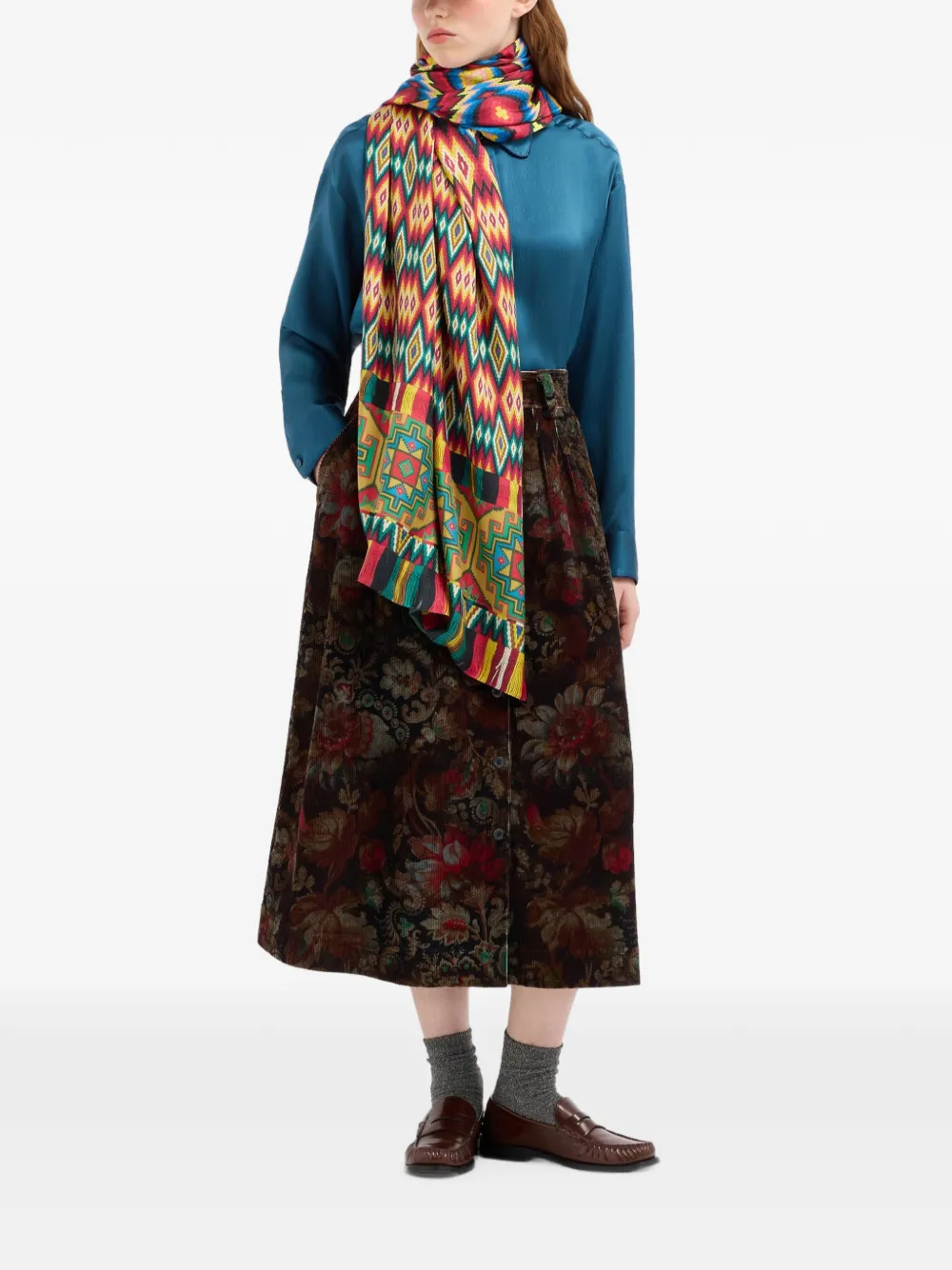 Pierre-Louis Mascia Ribfluwelen rok met bloemenprint Bruin