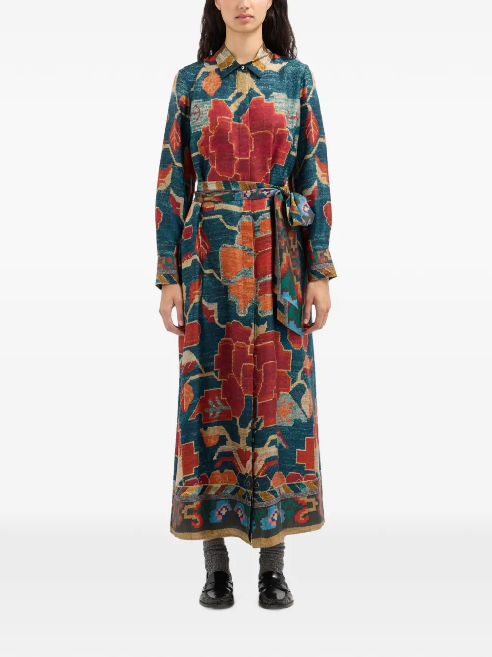 Pierre-Louis Mascia Aloe maxi-blousejurk met ceintuur en tapijt-print Blauw