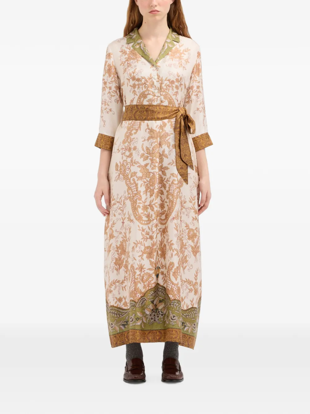 Pierre-Louis Mascia Aloe zijden maxi-blousejurk met bloemenprint Beige