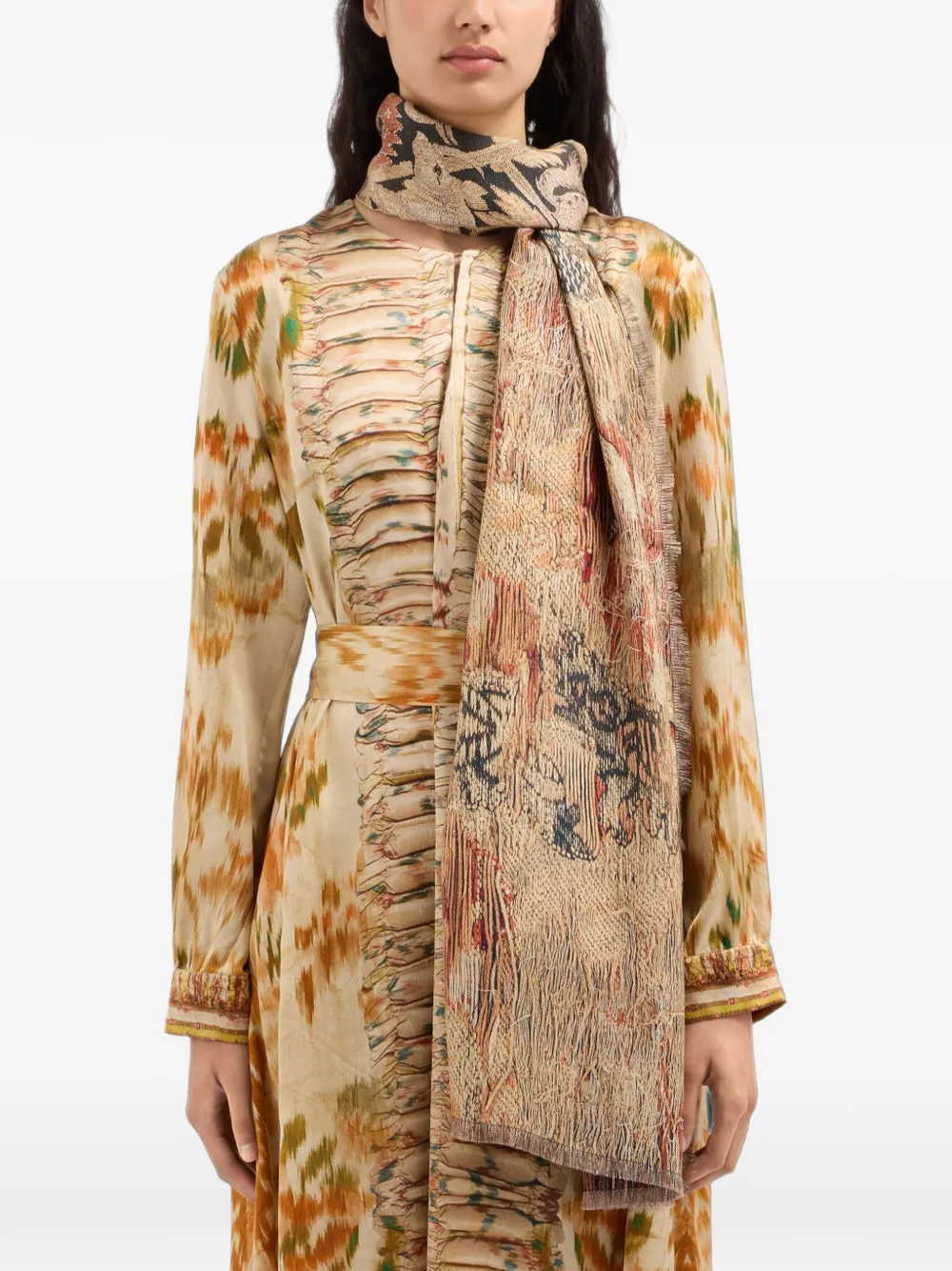 Pierre-Louis Mascia Fancy sjaal met botanische print en franje Beige