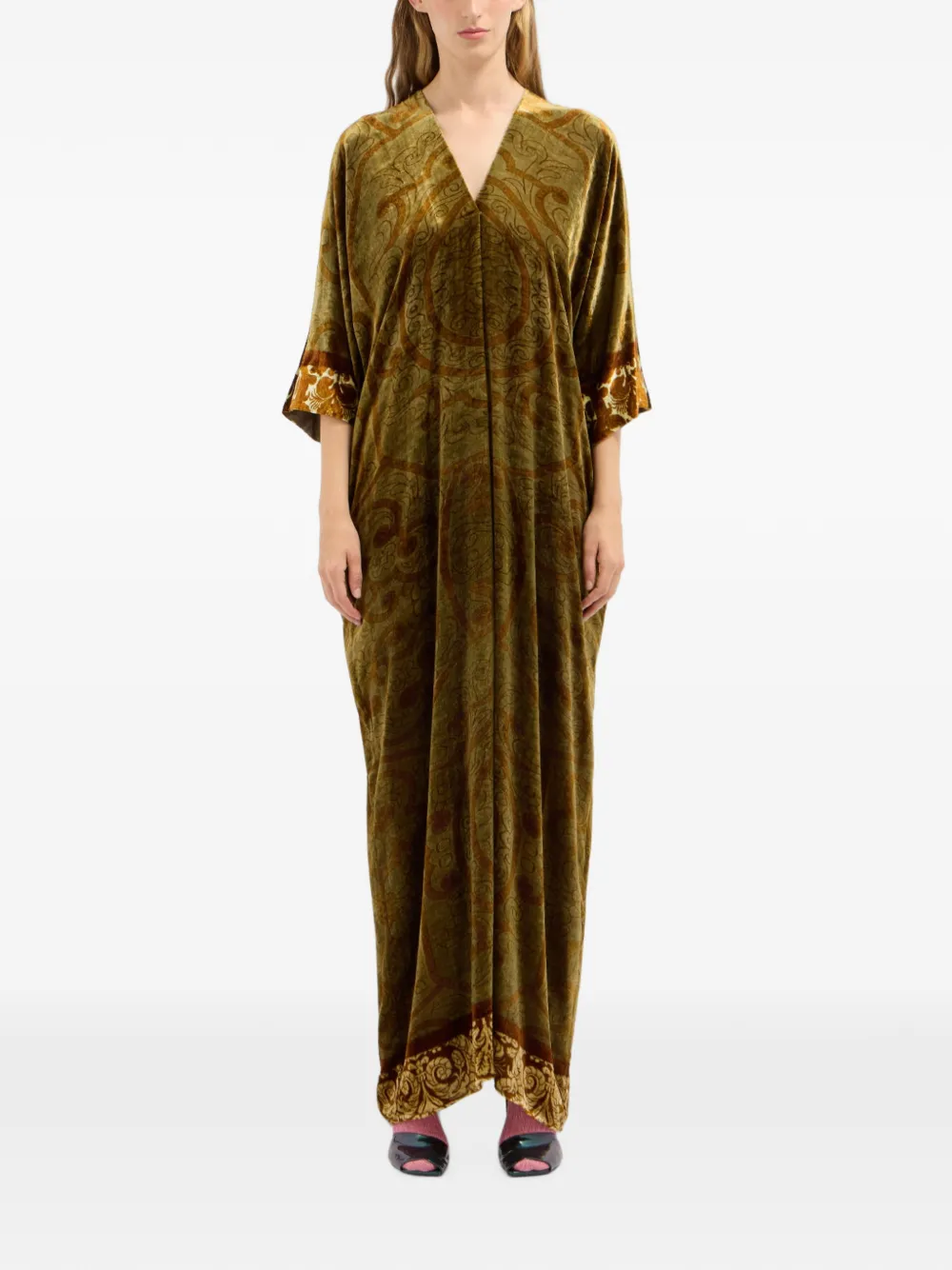Pierre-Louis Mascia Canada maxi-jurk met V-hals en barok-patroon Groen