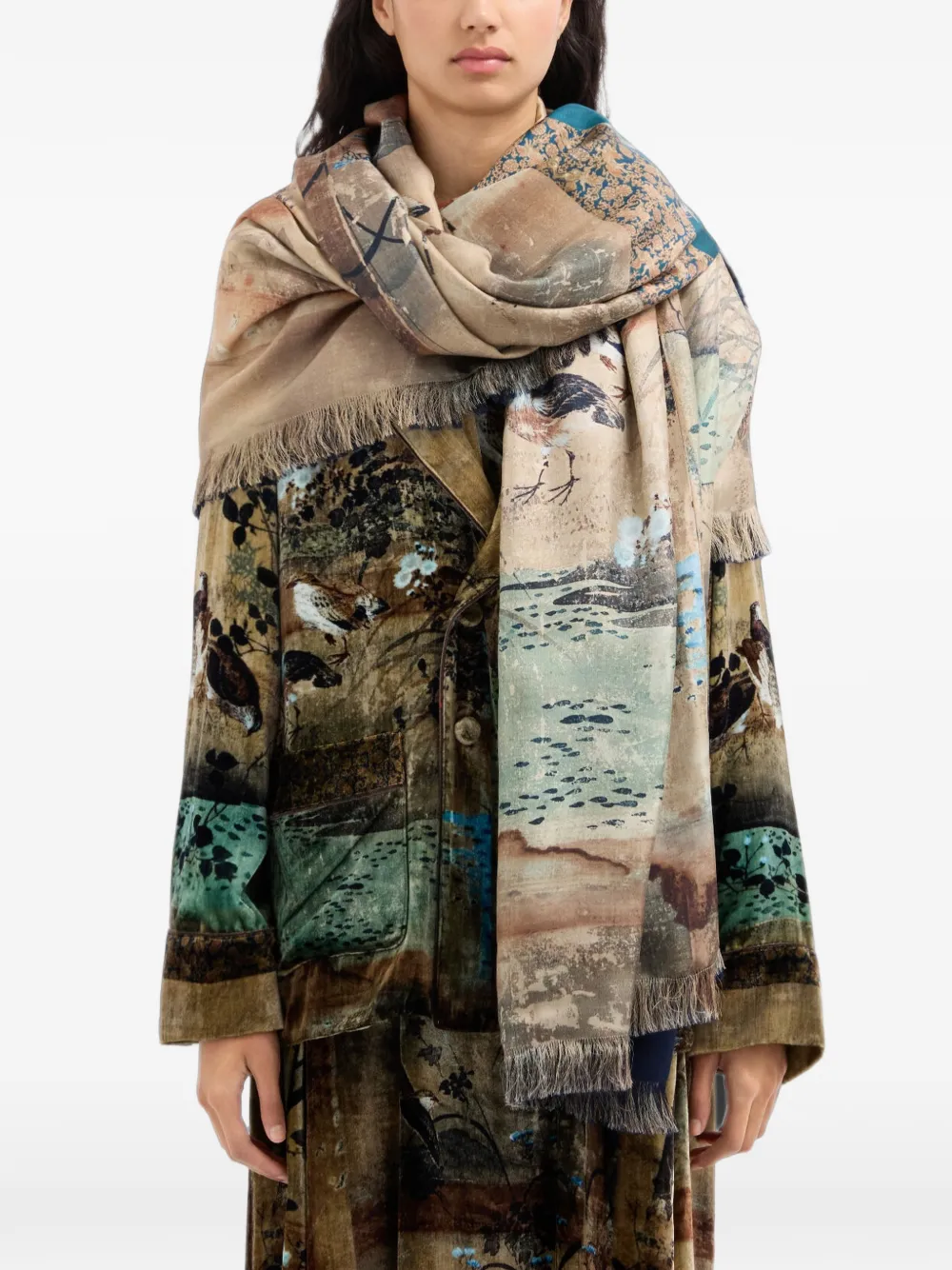 Pierre-Louis Mascia Sjaal met bloemenprint en franje Beige
