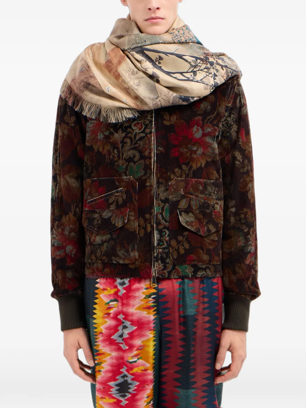 Pierre-Louis Mascia Sjaal met bloemenprint en franje Beige