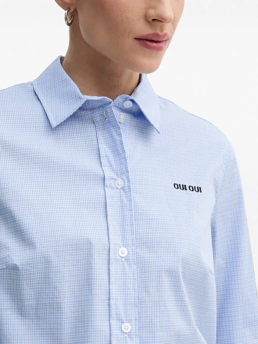 OUI Geruit blouse met kanten afwerking Blauw