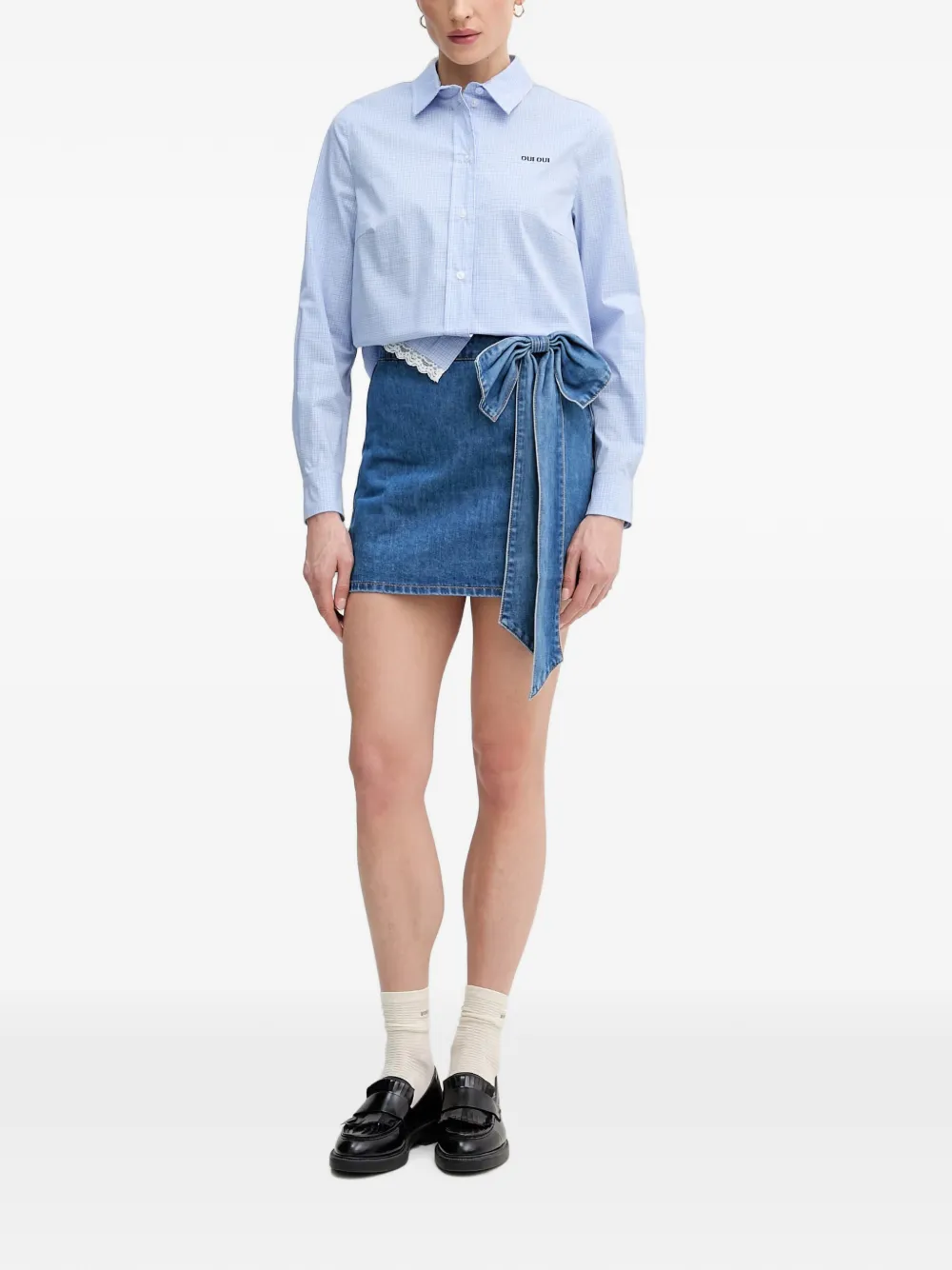 OUI Geruit blouse met kanten afwerking Blauw