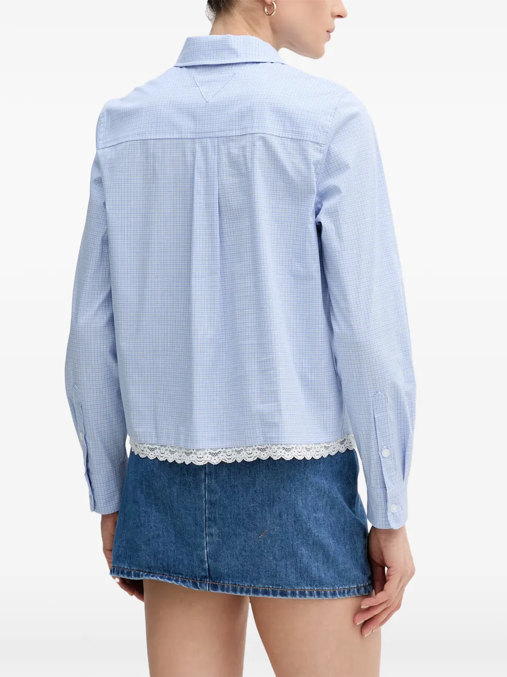 OUI Geruit blouse met kanten afwerking Blauw