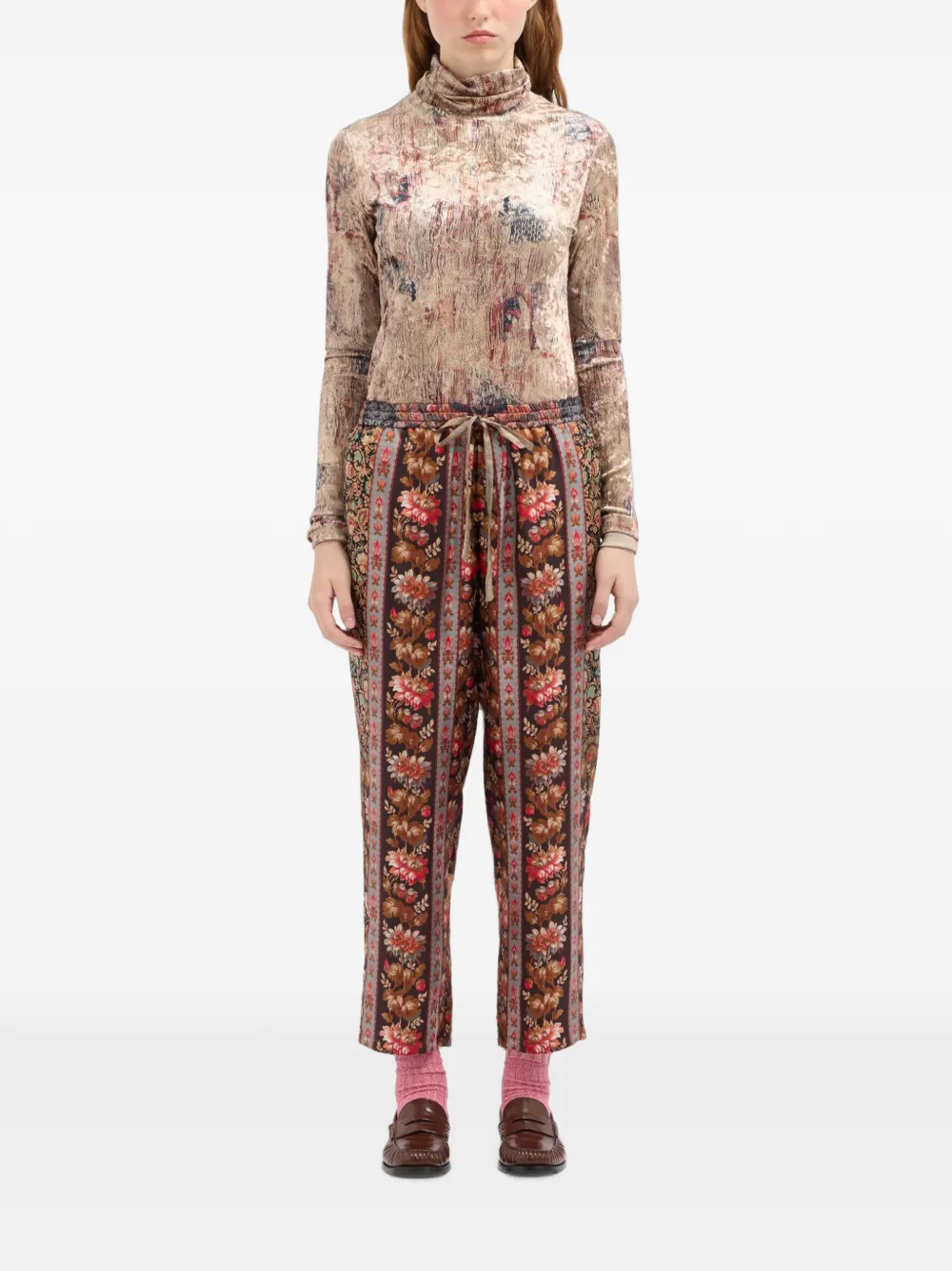 Pierre-Louis Mascia Aloe zijden broek met bloemenprint Bruin