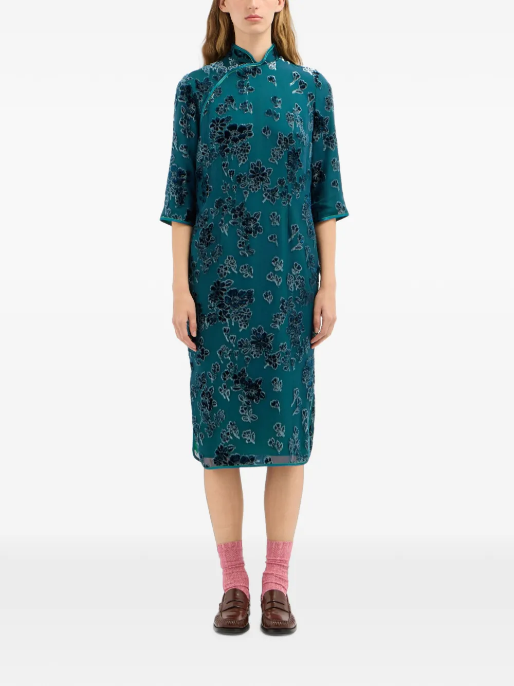 Pierre-Louis Mascia VEFIO fluwelen midi-jurk met bloemen Blauw